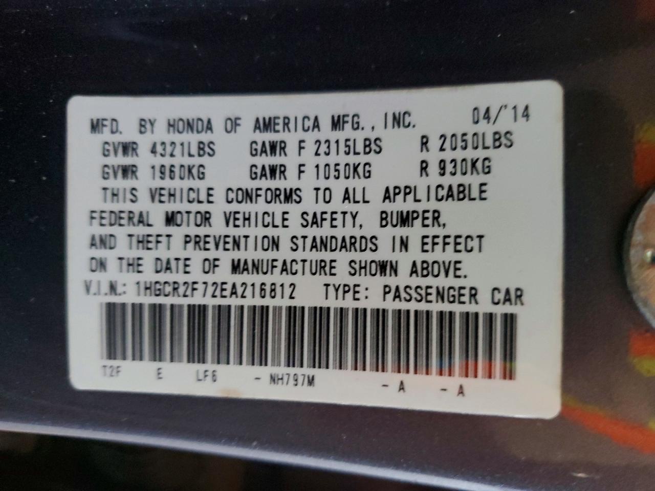 2014 Honda Accord Ex Gray vin: 1HGCR2F72EA216812