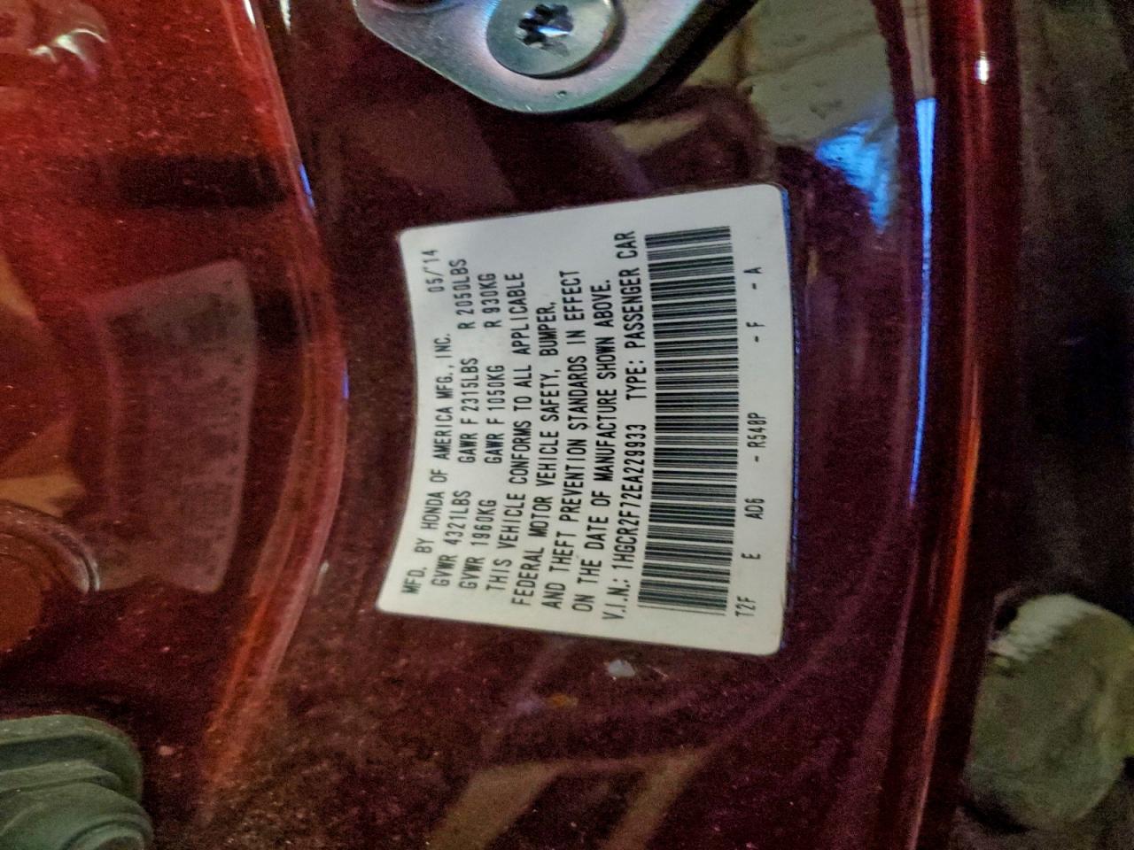 2014 Honda Accord Ex Burgundy vin: 1HGCR2F72EA229933