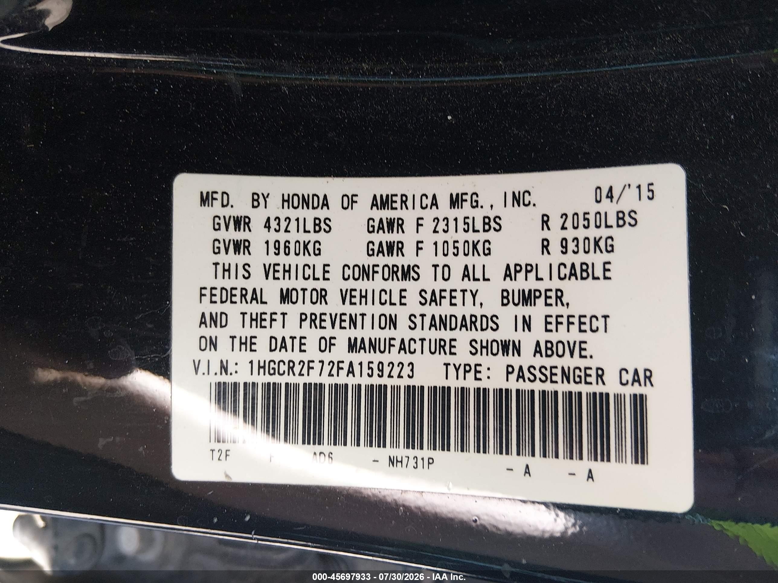 2015 Honda Accord Ex Black vin: 1HGCR2F72FA159223
