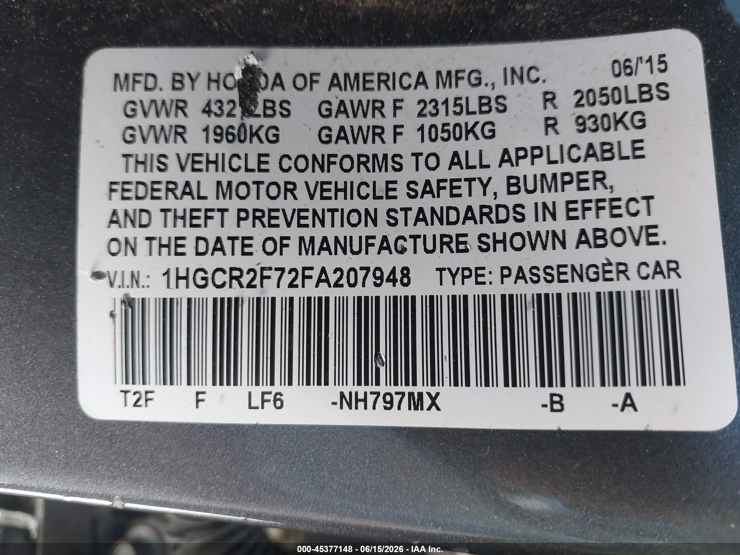 2015 Honda Accord Ex Gray vin: 1HGCR2F72FA207948