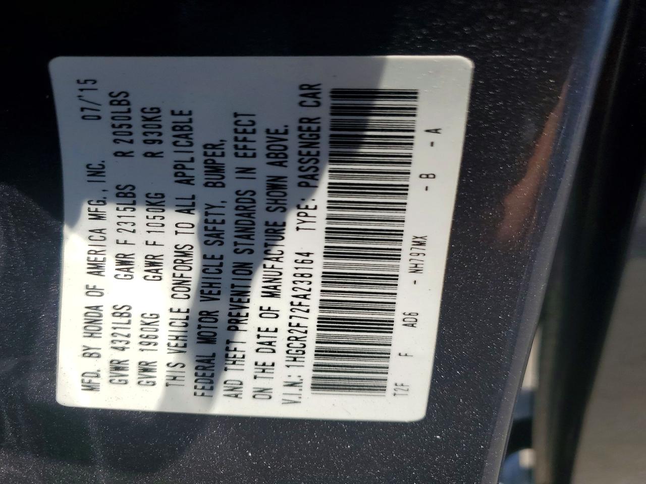 2015 Honda Accord Ex Gray vin: 1HGCR2F72FA238164