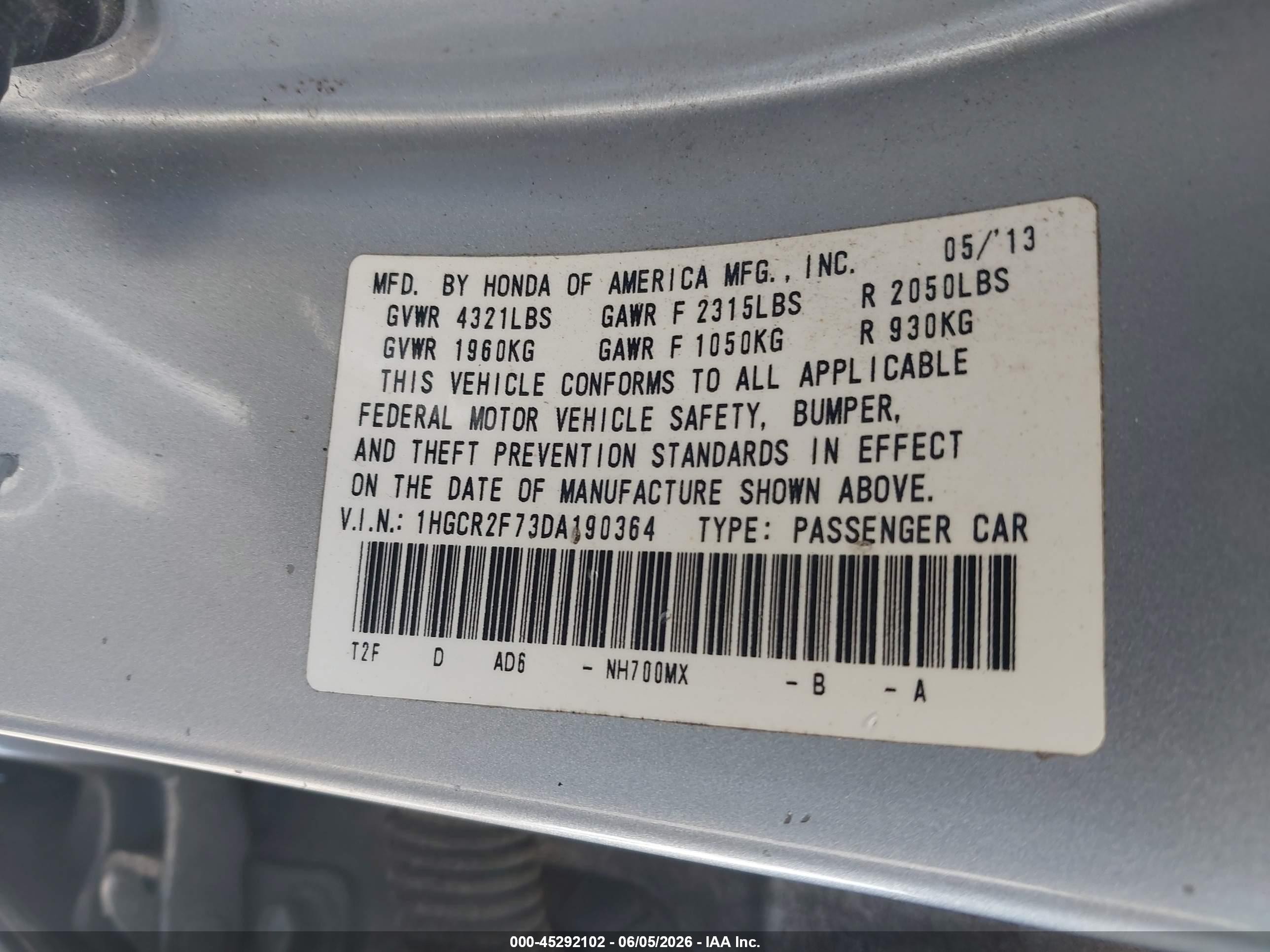 2013 Honda Accord Ex Gray vin: 1HGCR2F73DA190364