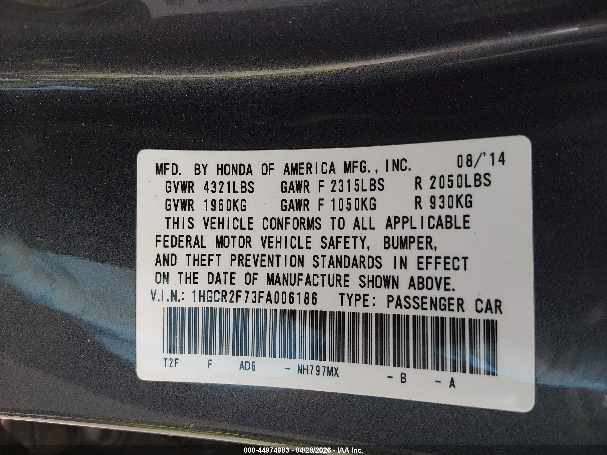 2015 Honda Accord Ex Gray vin: 1HGCR2F73FA006186
