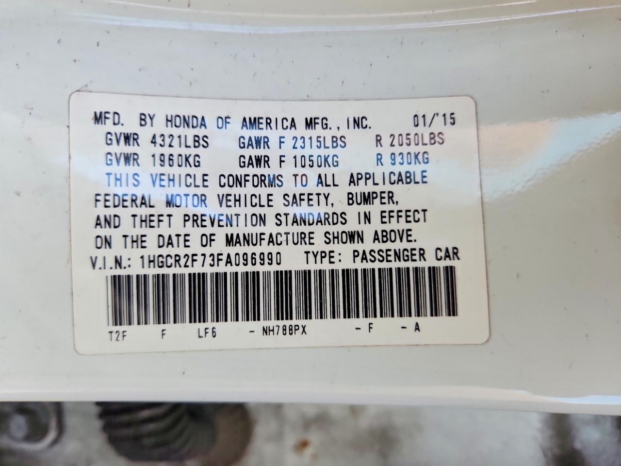 2015 Honda Accord Ex Белый vin: 1HGCR2F73FA096990