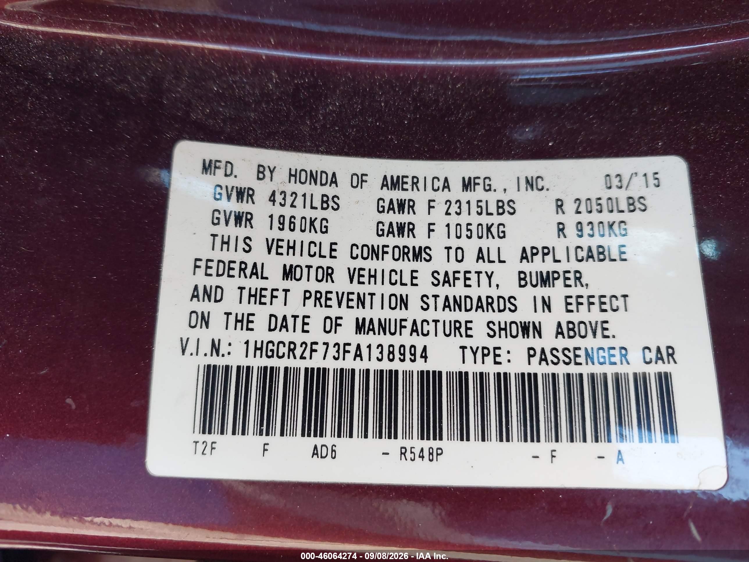 2015 Honda Accord Ex Burgundy vin: 1HGCR2F73FA138994
