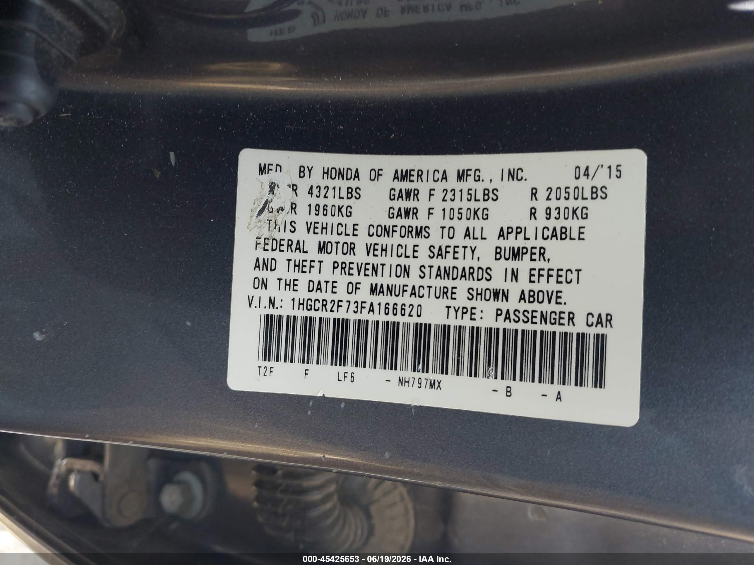 2015 Honda Accord Ex Gray vin: 1HGCR2F73FA166620