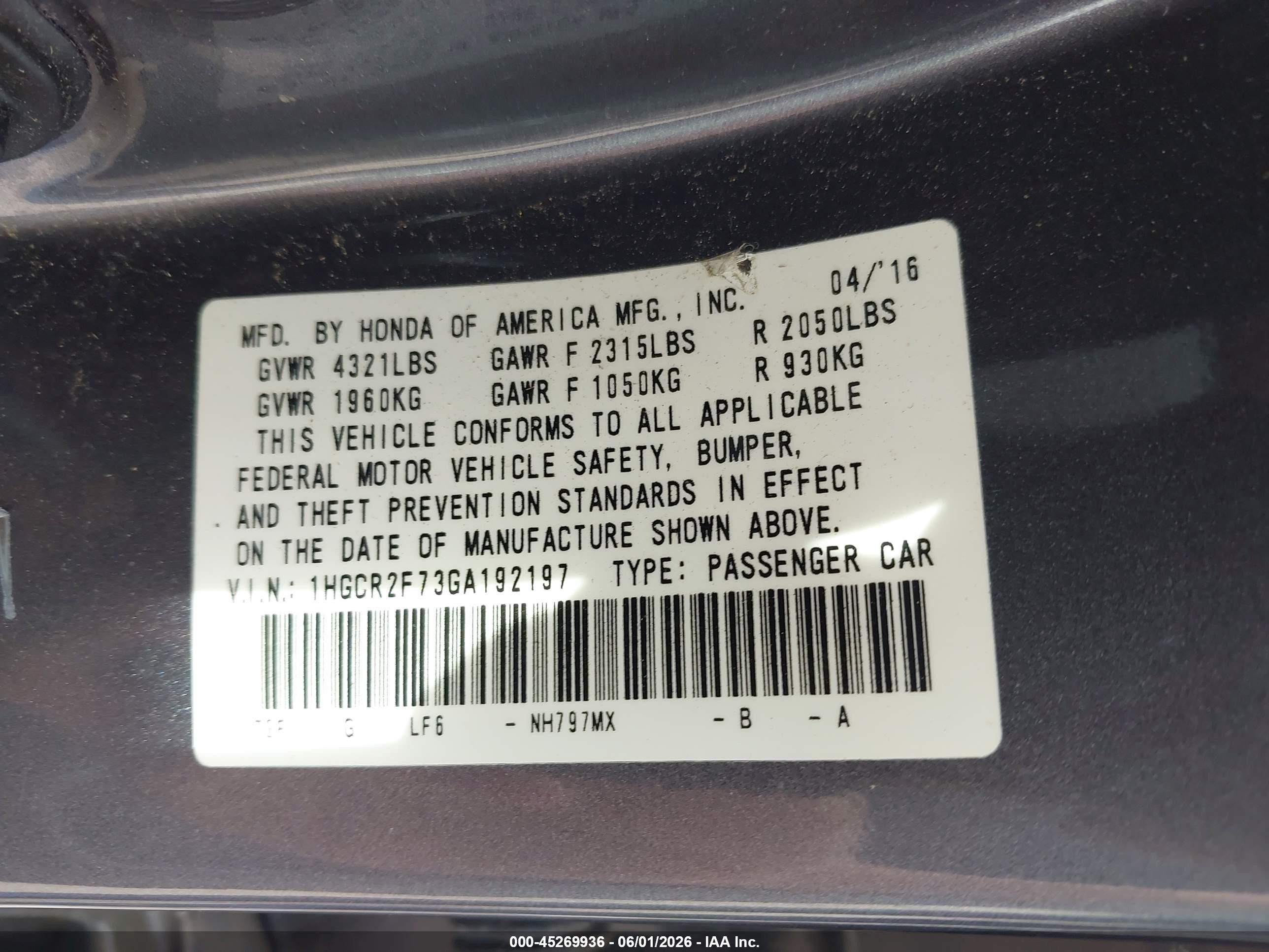 2016 Honda Accord Ex Gray vin: 1HGCR2F73GA192197