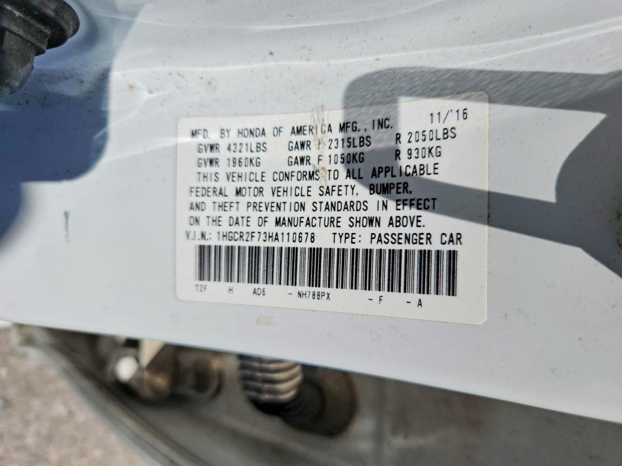 2017 Honda Accord Ex White vin: 1HGCR2F73HA110678