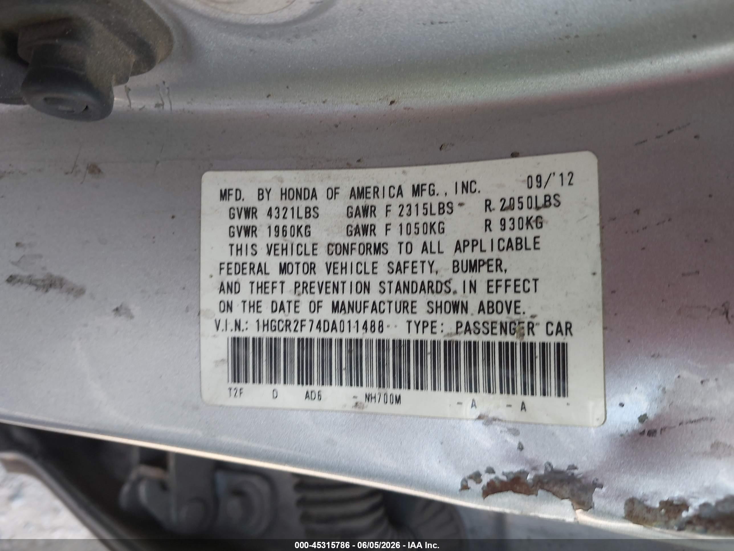 2013 Honda Accord Ex Gray vin: 1HGCR2F74DA011488