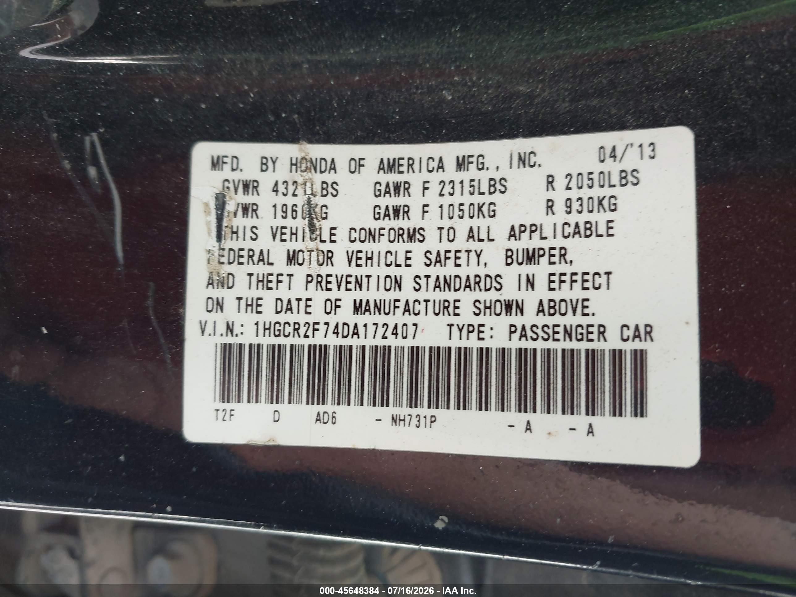 2013 Honda Accord Ex Black vin: 1HGCR2F74DA172407