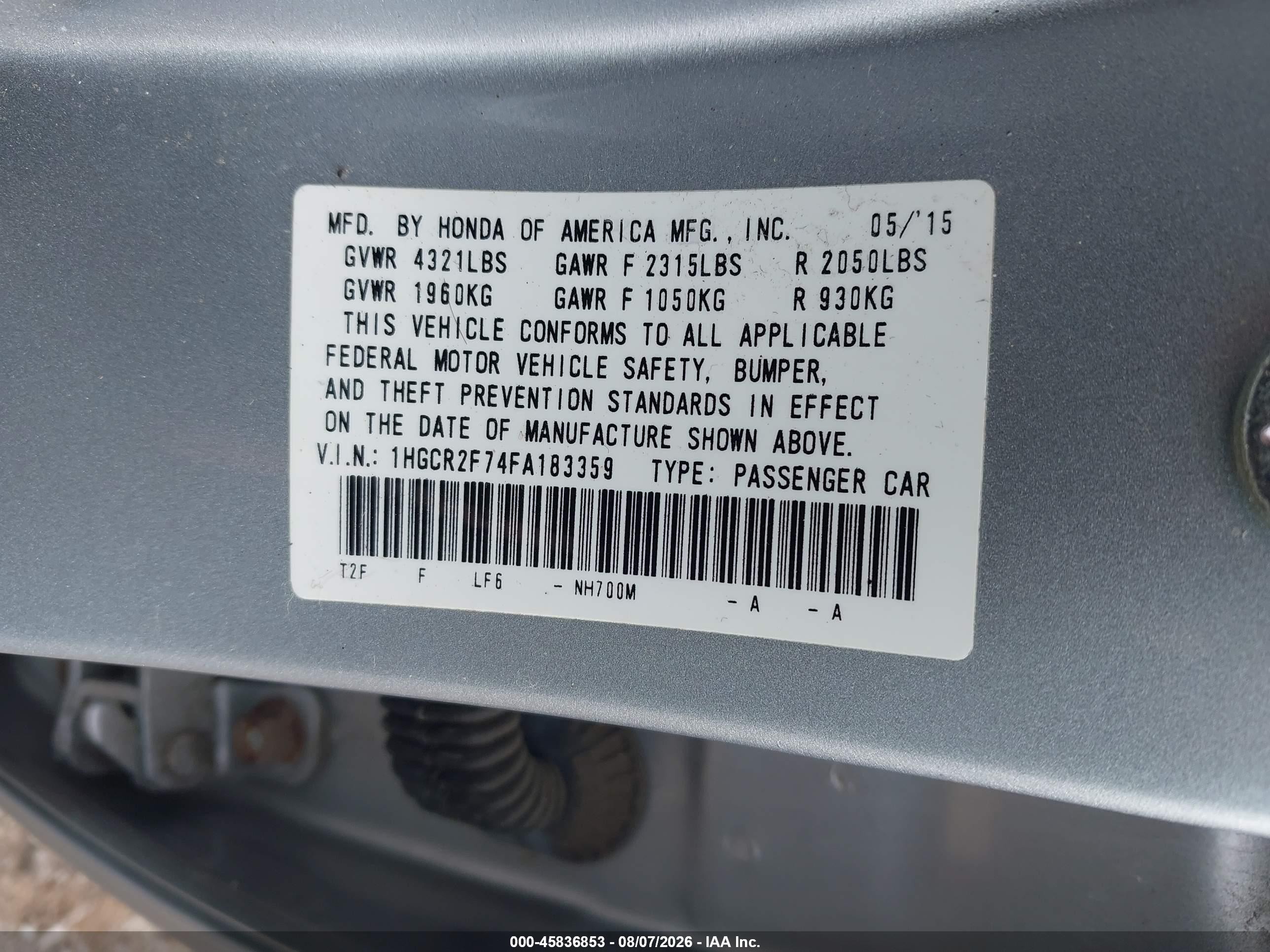 2015 Honda Accord Ex Silver vin: 1HGCR2F74FA183359
