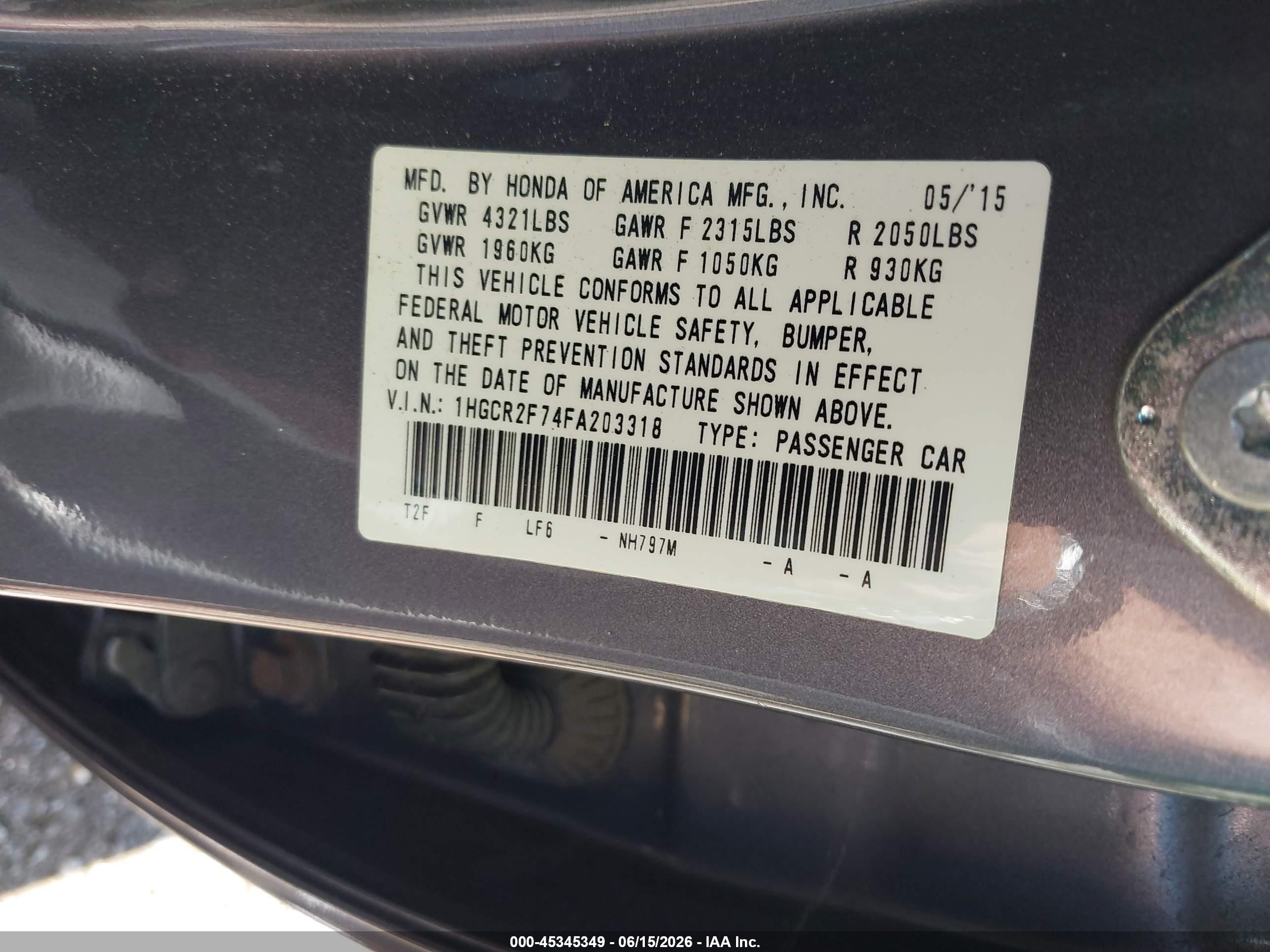 2015 Honda Accord Ex Gray vin: 1HGCR2F74FA203318