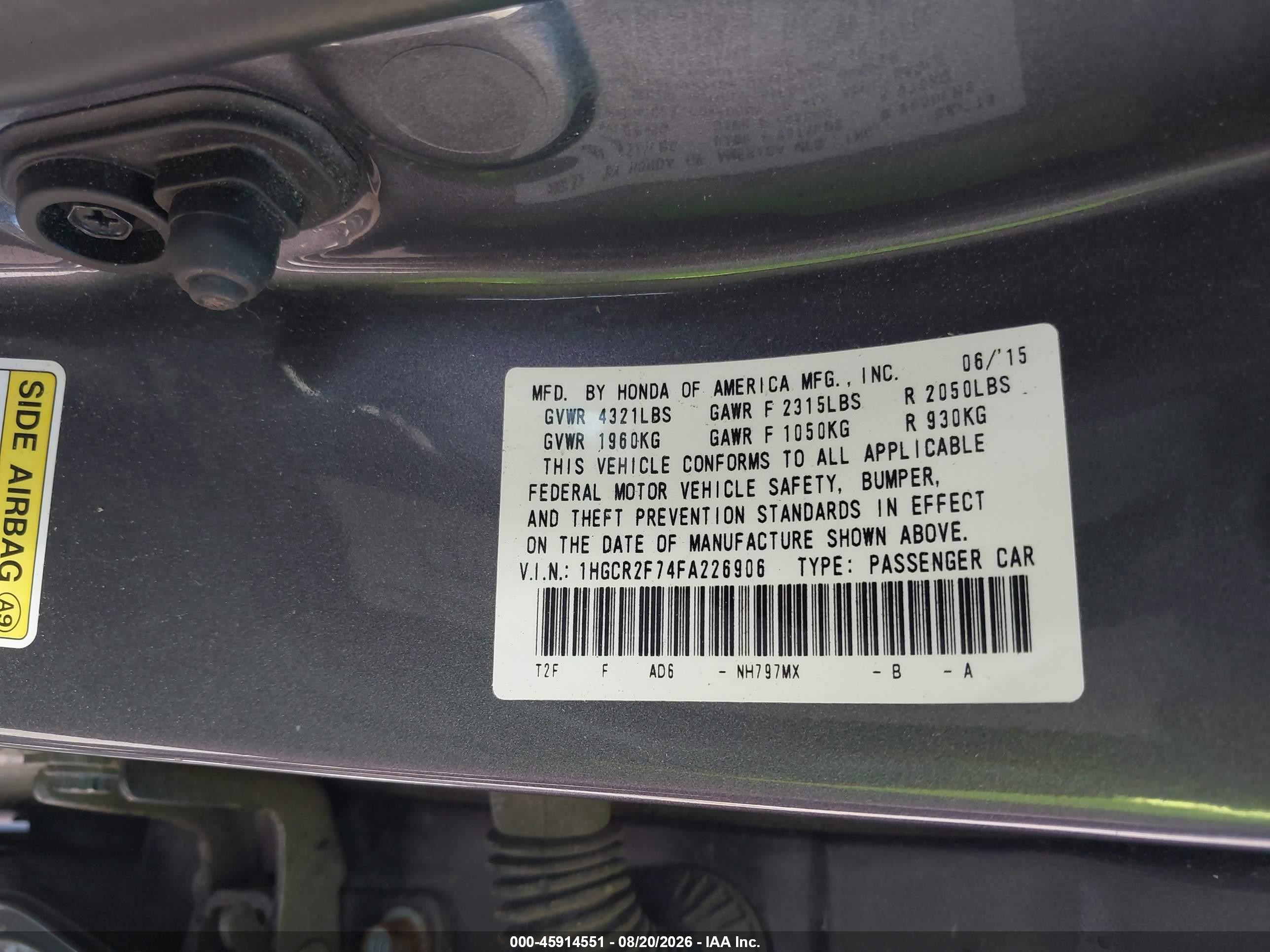 2015 Honda Accord Ex Gray vin: 1HGCR2F74FA226906
