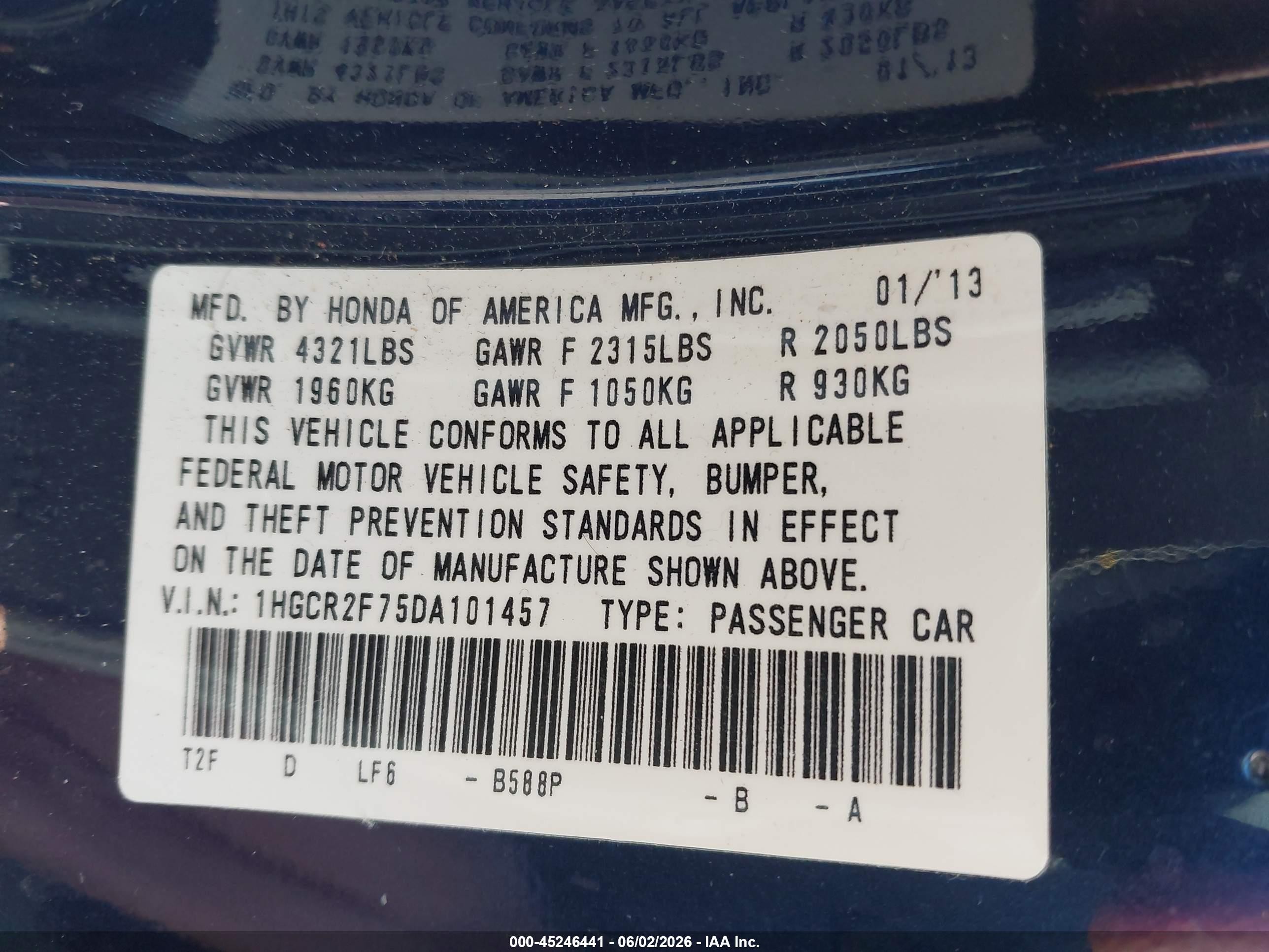 2013 Honda Accord Ex Blue vin: 1HGCR2F75DA101457