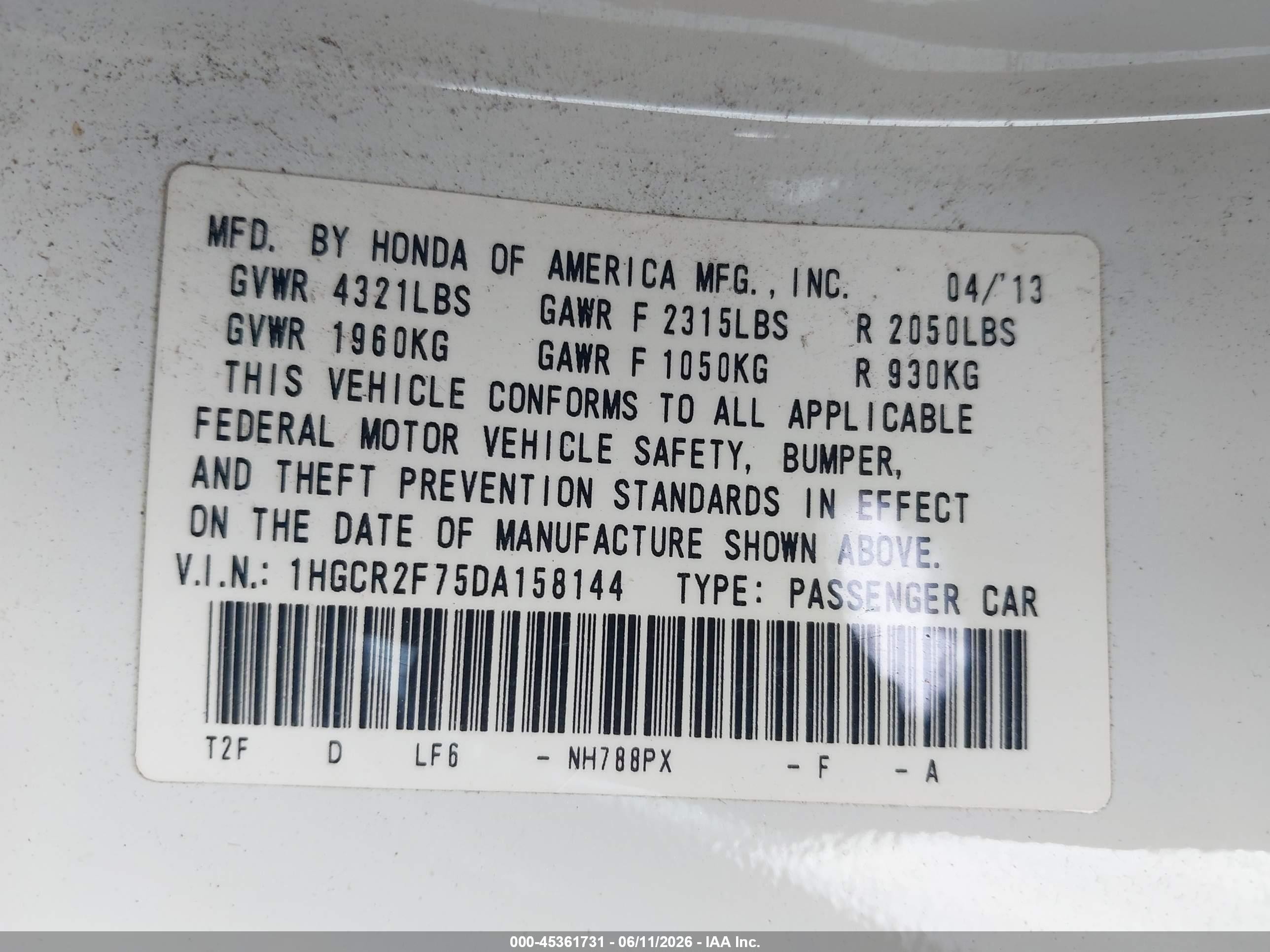 2013 Honda Accord Ex White vin: 1HGCR2F75DA158144