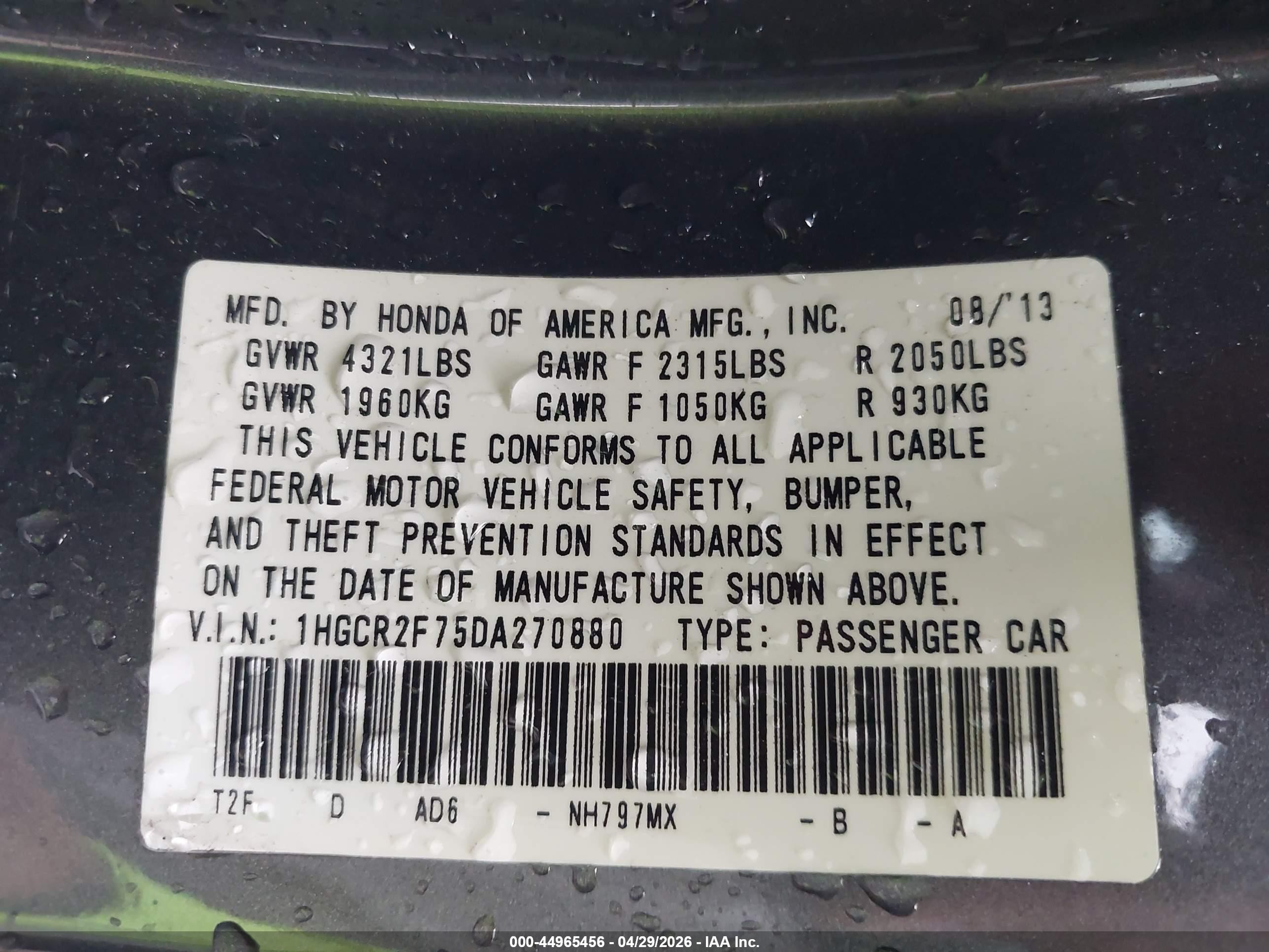 2013 Honda Accord Ex Gray vin: 1HGCR2F75DA270880