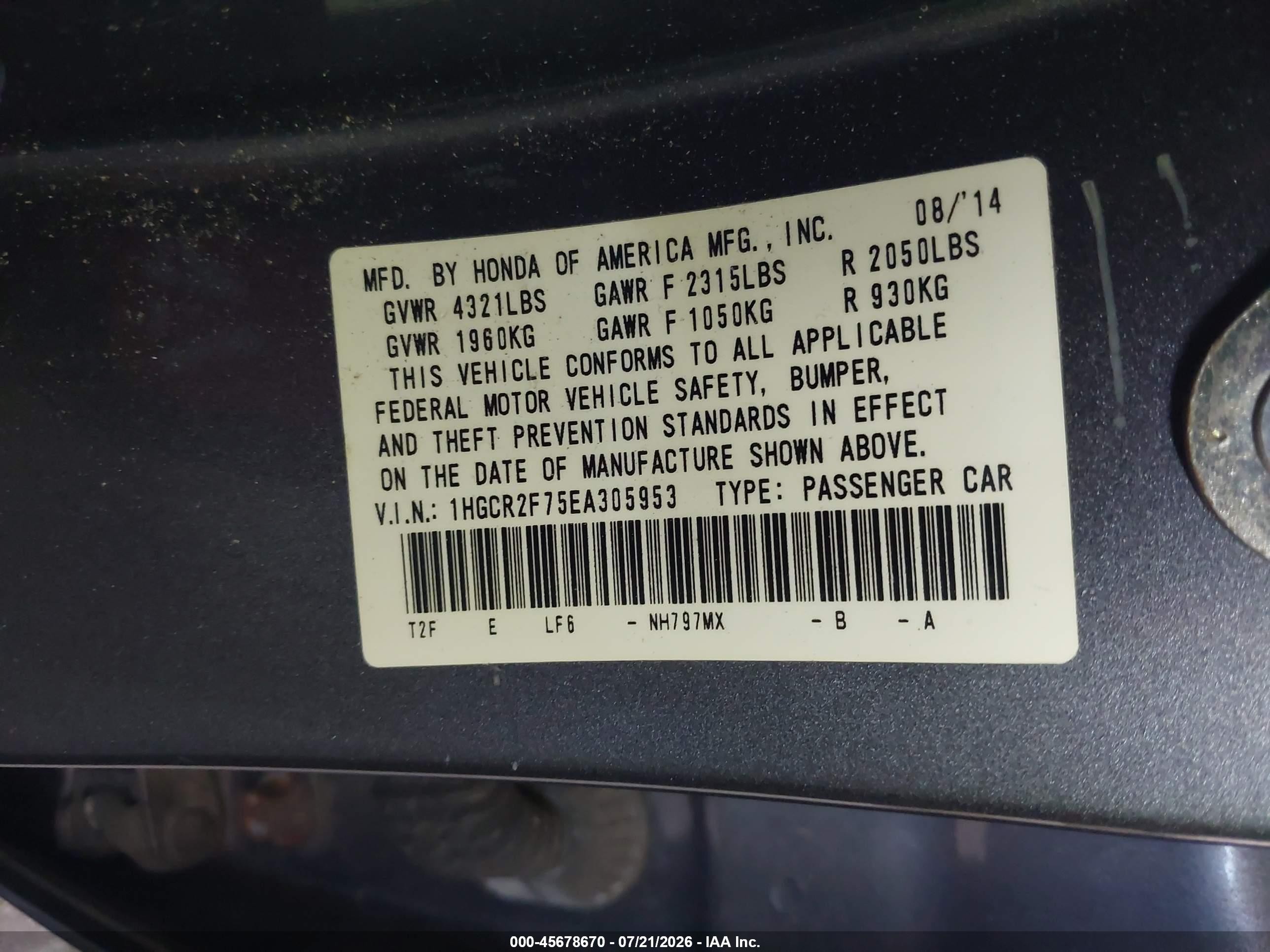 2014 Honda Accord Ex Gray vin: 1HGCR2F75EA305953