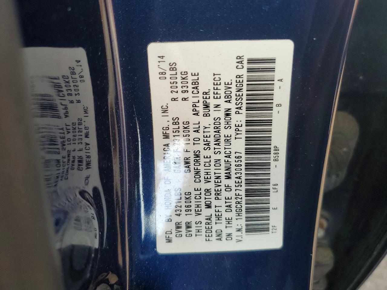 2014 Honda Accord Ex Blue vin: 1HGCR2F75EA306567
