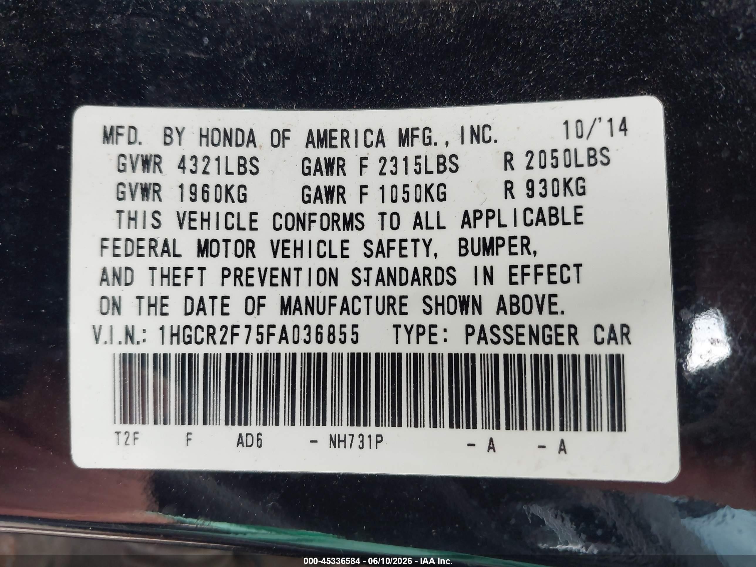 2015 Honda Accord Ex Черный vin: 1HGCR2F75FA036855