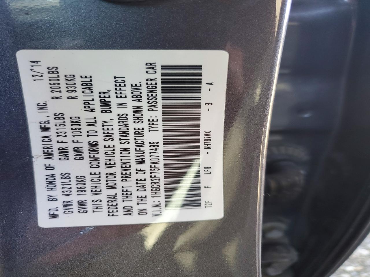 2015 Honda Accord Ex Charcoal vin: 1HGCR2F75FA077485
