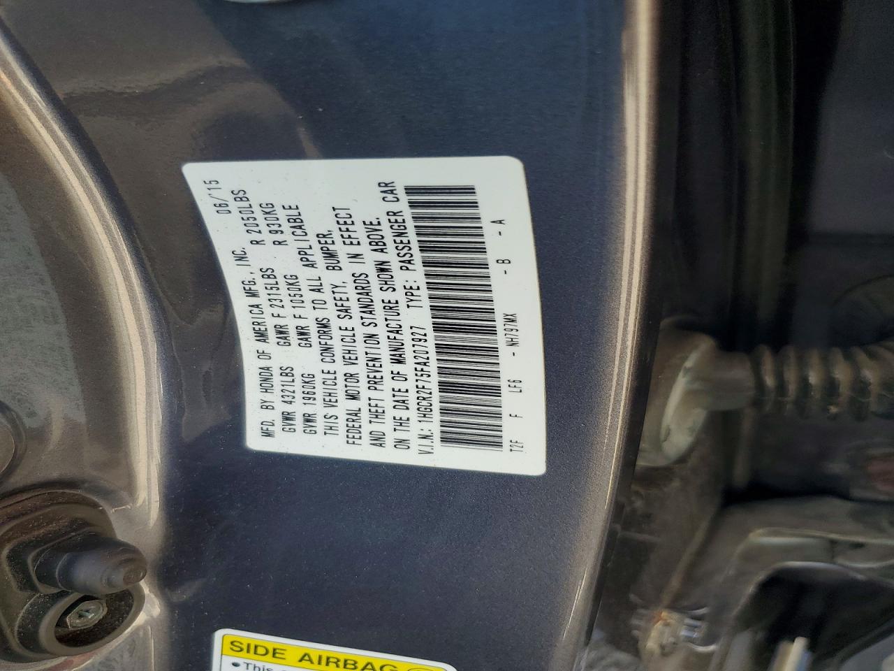 2015 Honda Accord Ex Серый vin: 1HGCR2F75FA207927