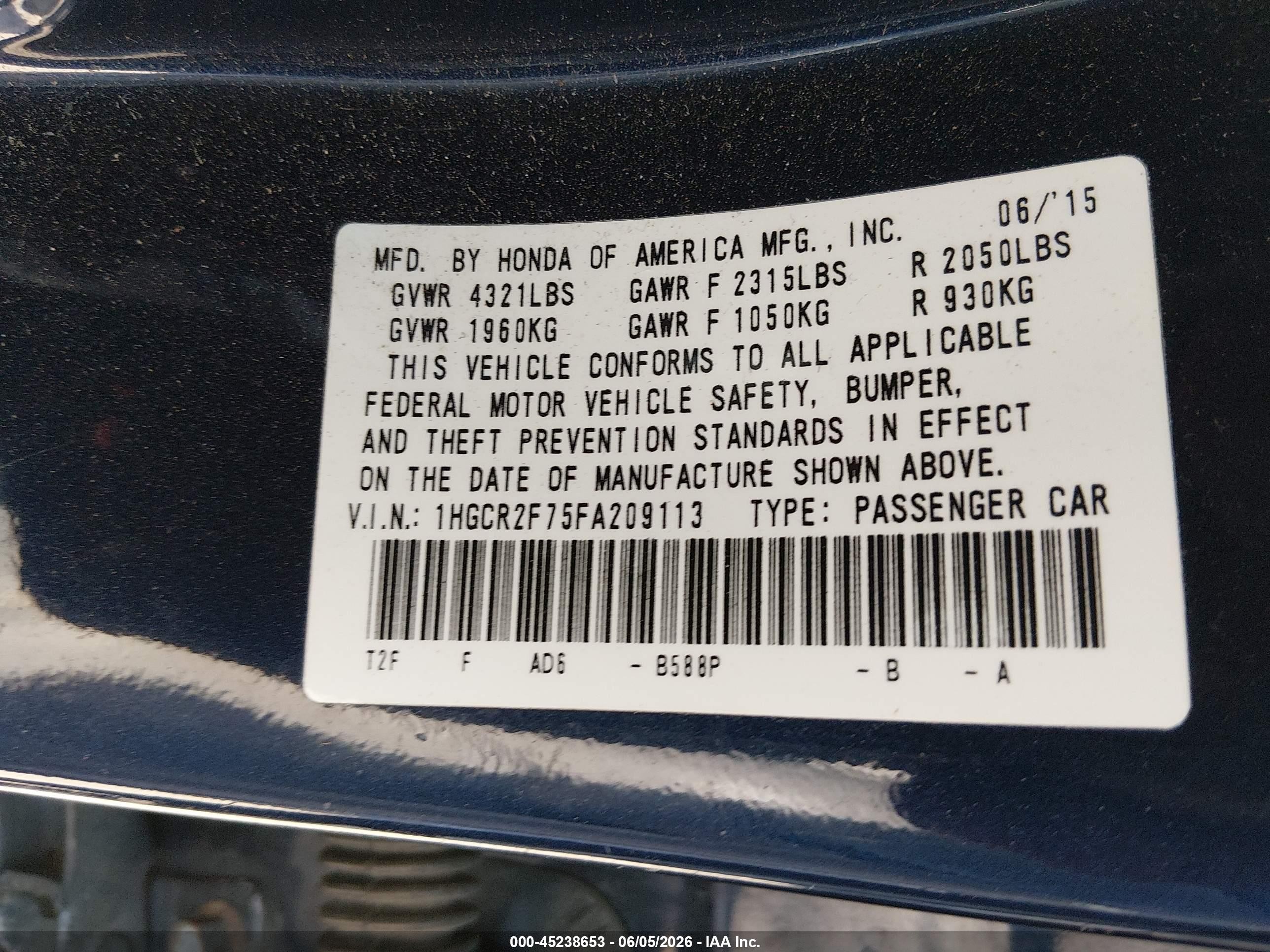 2015 Honda Accord Ex Синий vin: 1HGCR2F75FA209113