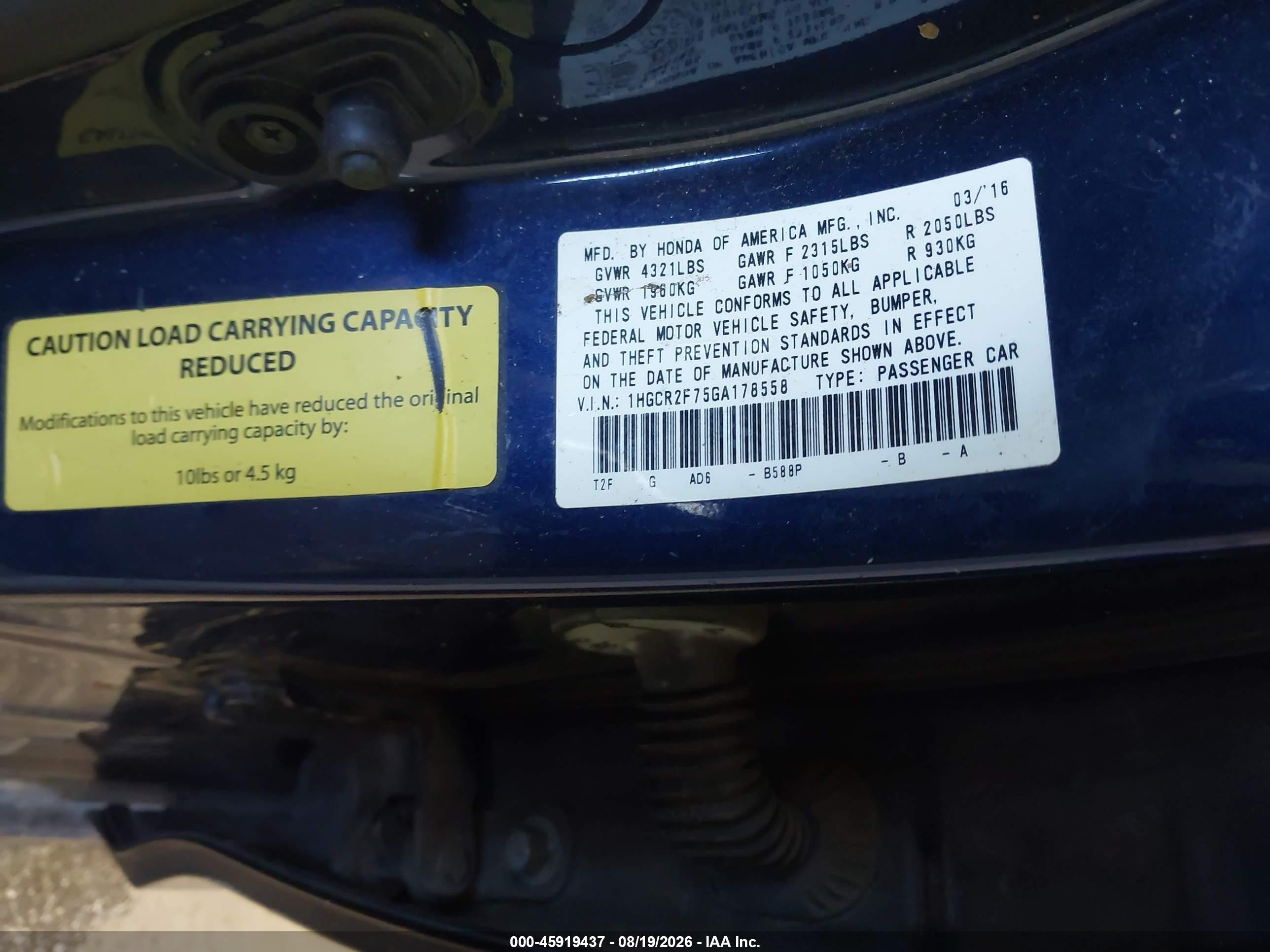 2016 Honda Accord Ex Blue vin: 1HGCR2F75GA178558