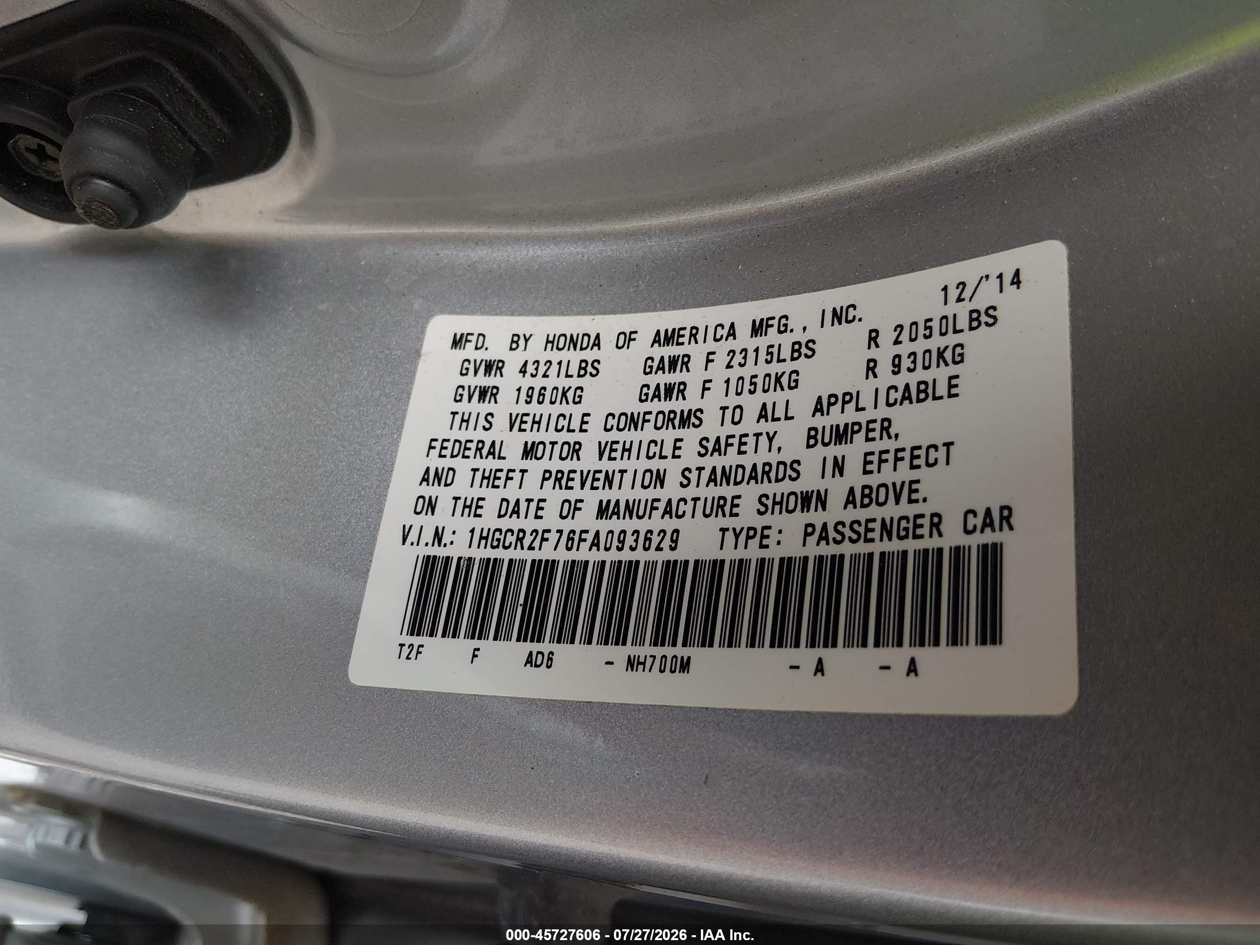 2015 Honda Accord Ex Gray vin: 1HGCR2F76FA093629