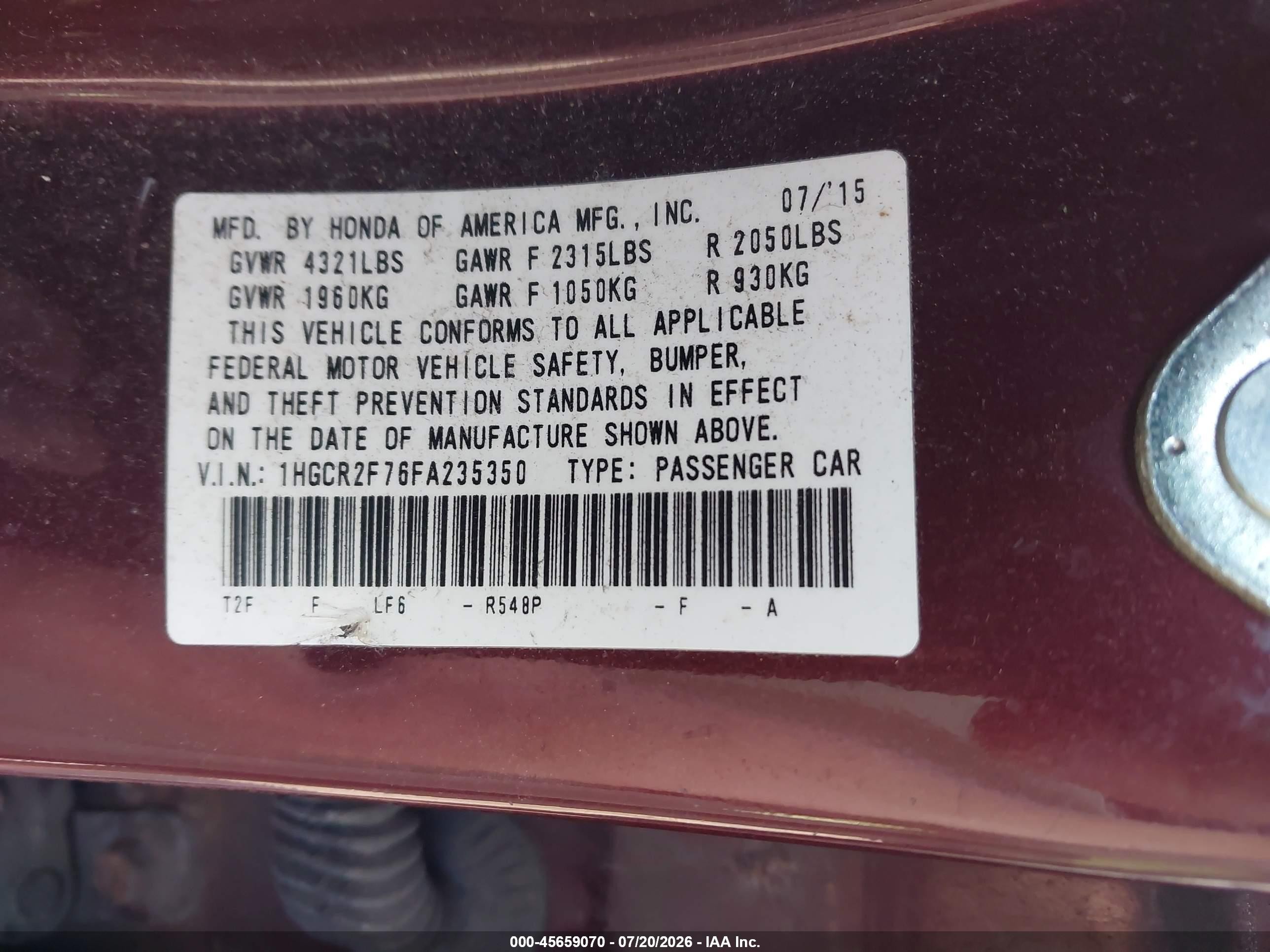 2015 Honda Accord Ex Red vin: 1HGCR2F76FA235350