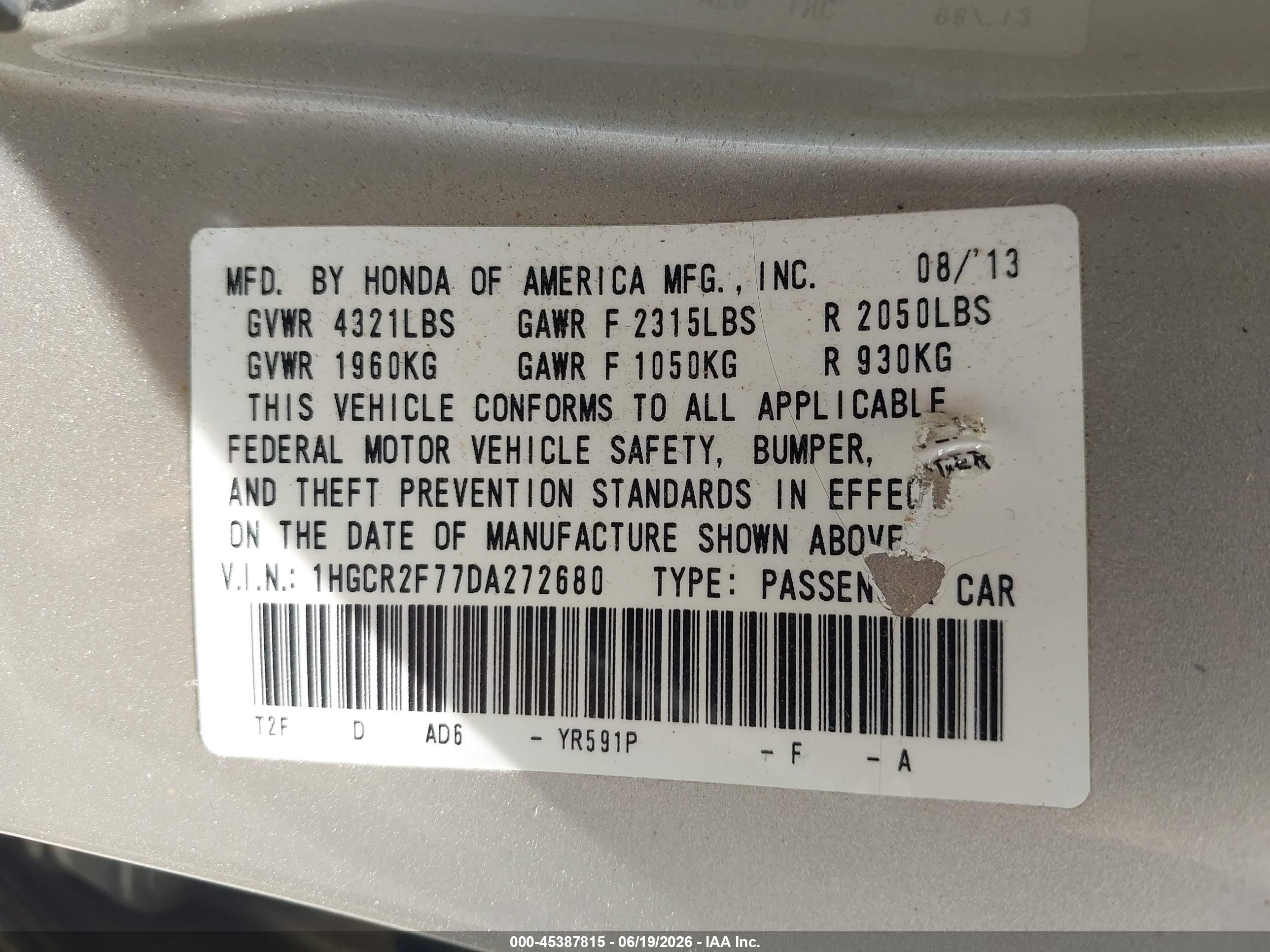 2013 Honda Accord Ex Gold vin: 1HGCR2F77DA272680