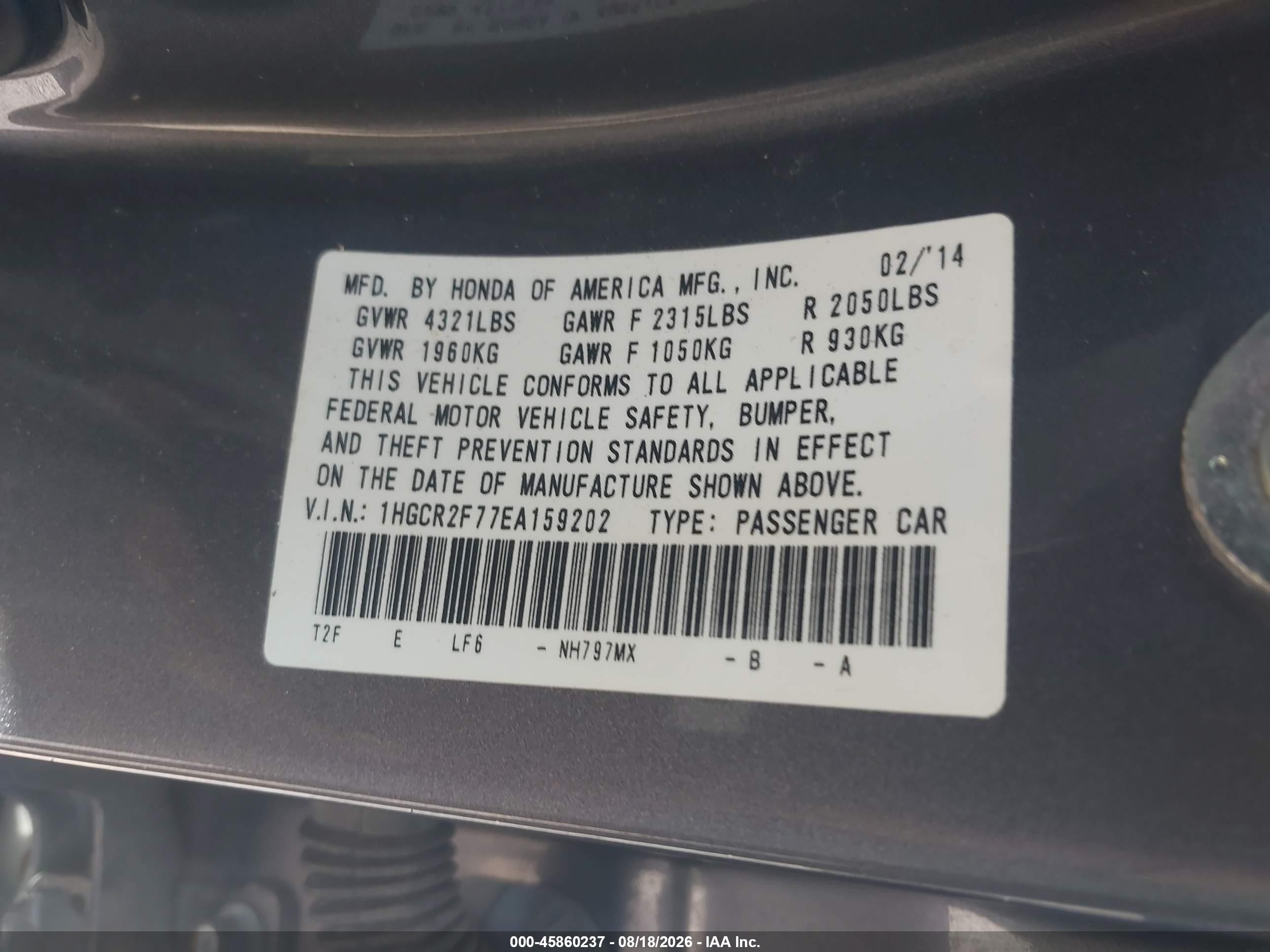 2014 Honda Accord Ex Gray vin: 1HGCR2F77EA159202