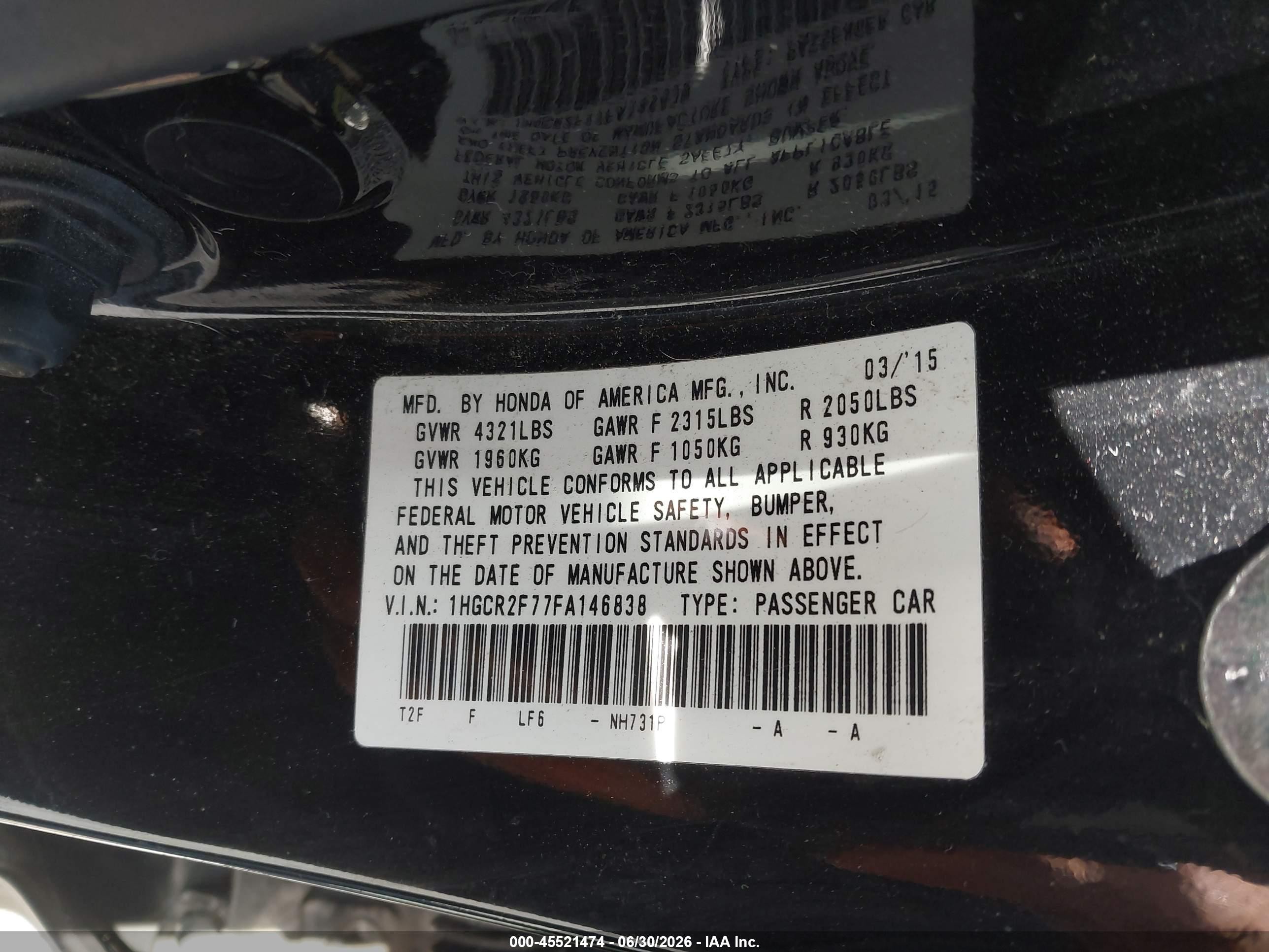 2015 Honda Accord Ex Black vin: 1HGCR2F77FA146838