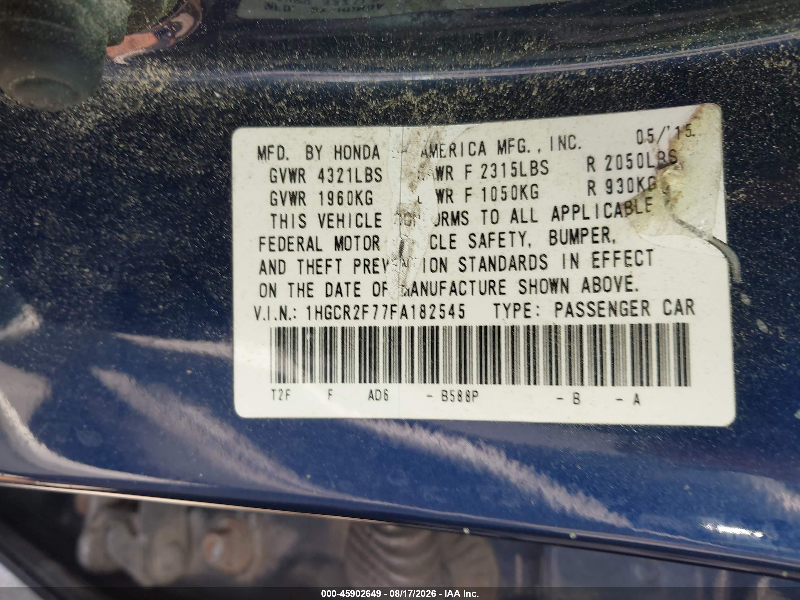 2015 Honda Accord Ex Blue vin: 1HGCR2F77FA182545