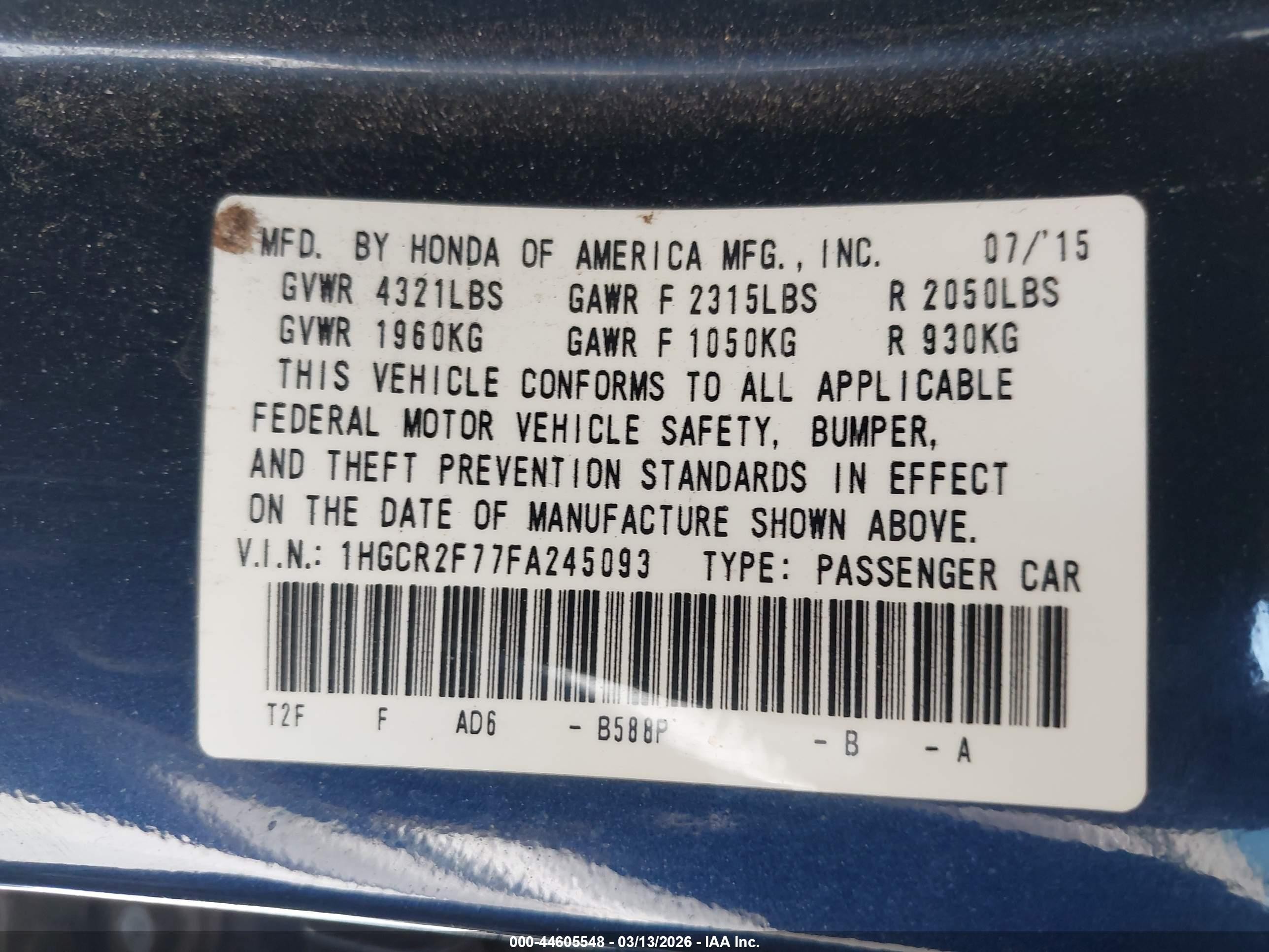 2015 Honda Accord Ex Blue vin: 1HGCR2F77FA245093