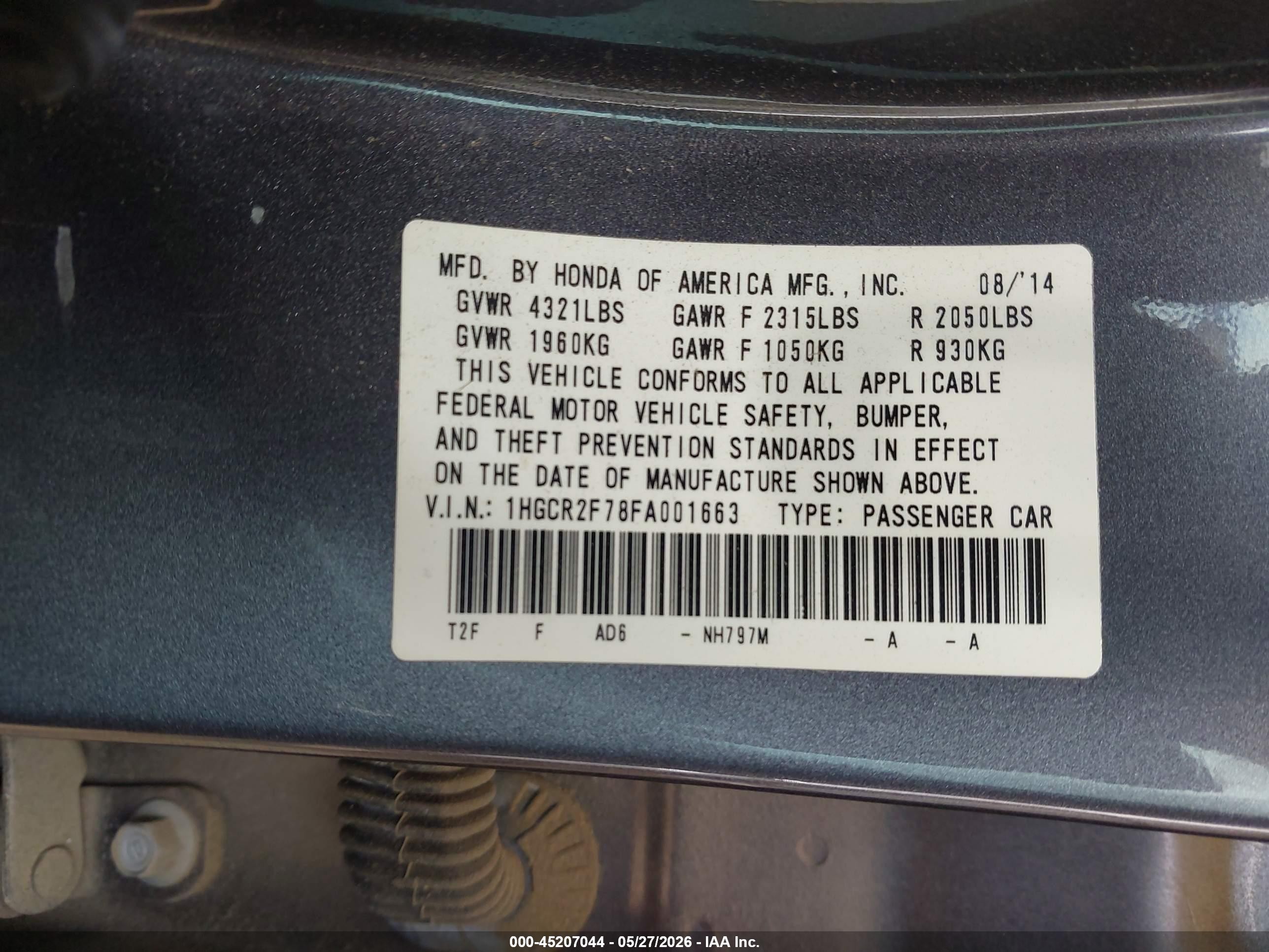 2015 Honda Accord Ex Gray vin: 1HGCR2F78FA001663