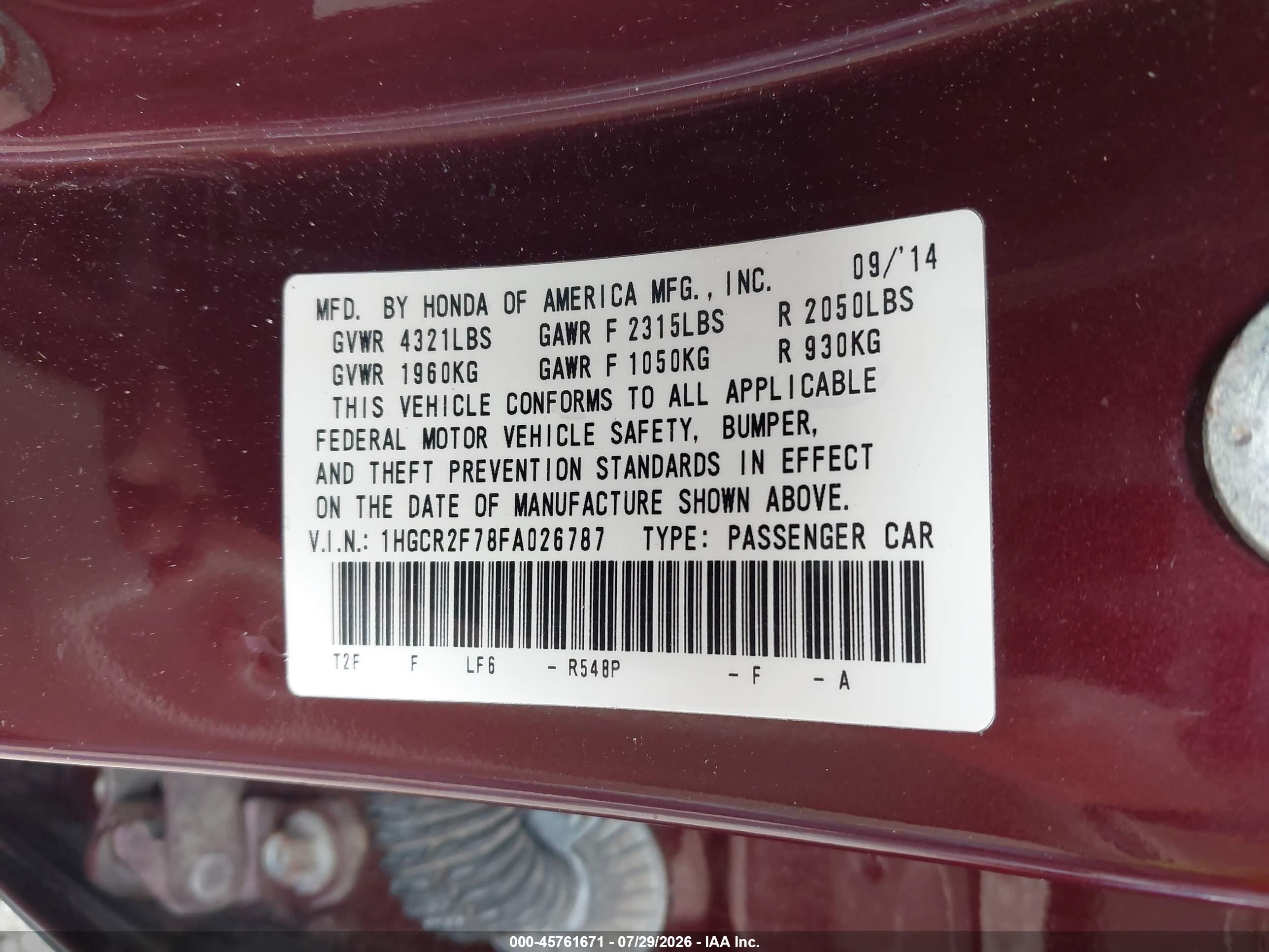 2015 Honda Accord Ex Burgundy vin: 1HGCR2F78FA026787