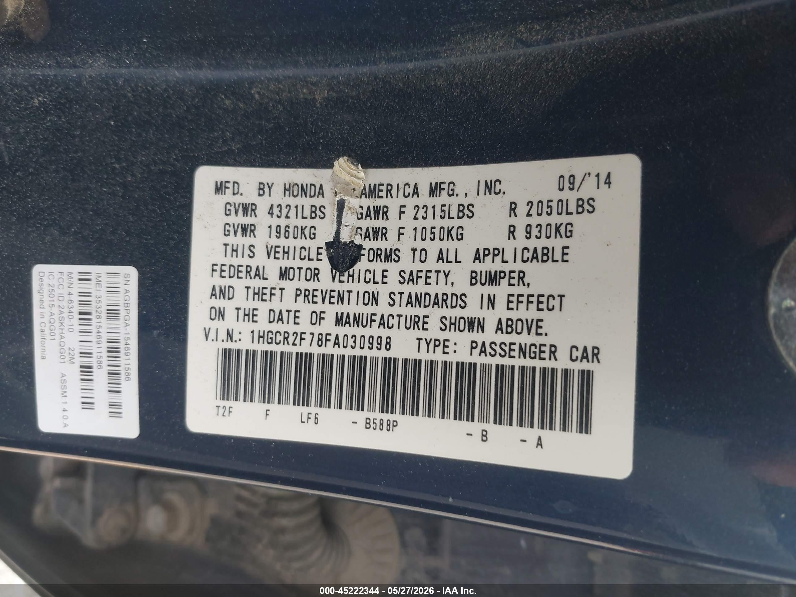 2015 Honda Accord Ex Blue vin: 1HGCR2F78FA030998