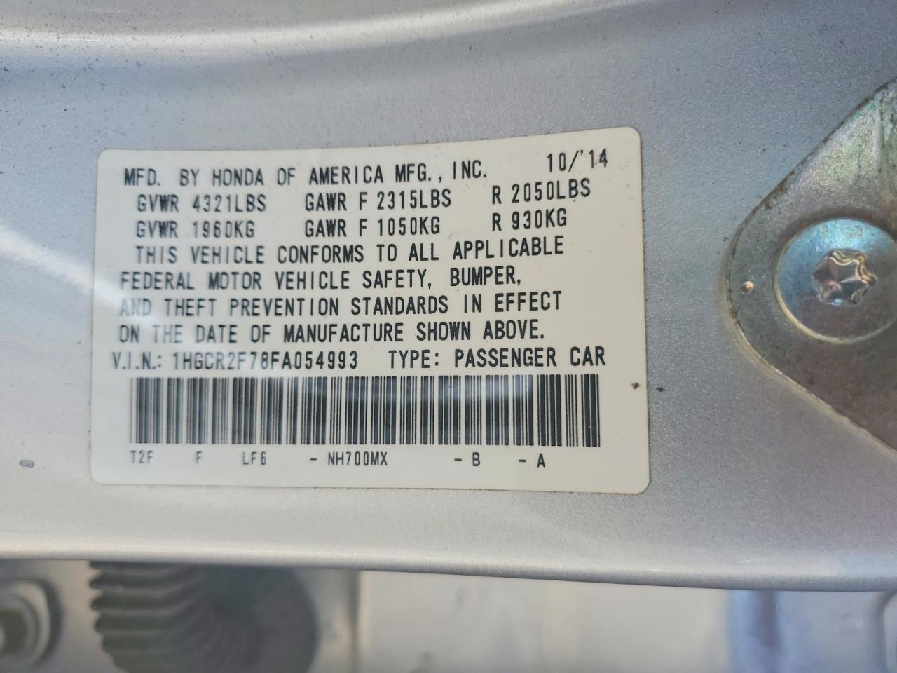 2015 Honda Accord Ex Silver vin: 1HGCR2F78FA054993