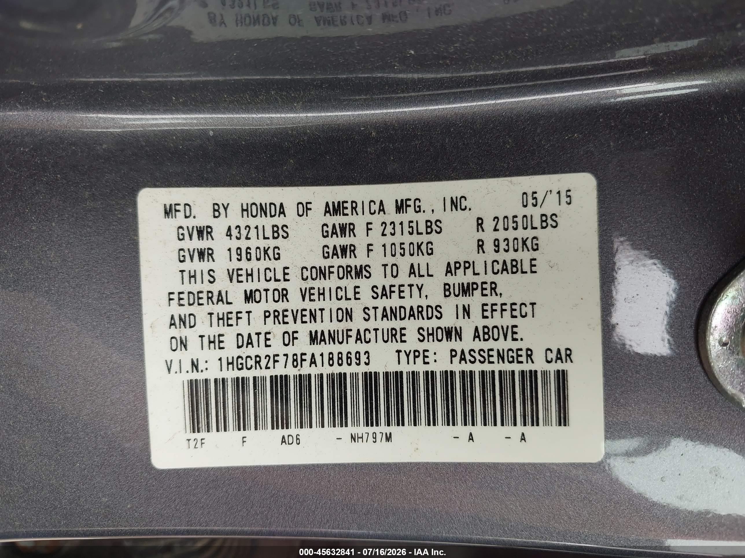 2015 Honda Accord Ex Gray vin: 1HGCR2F78FA188693