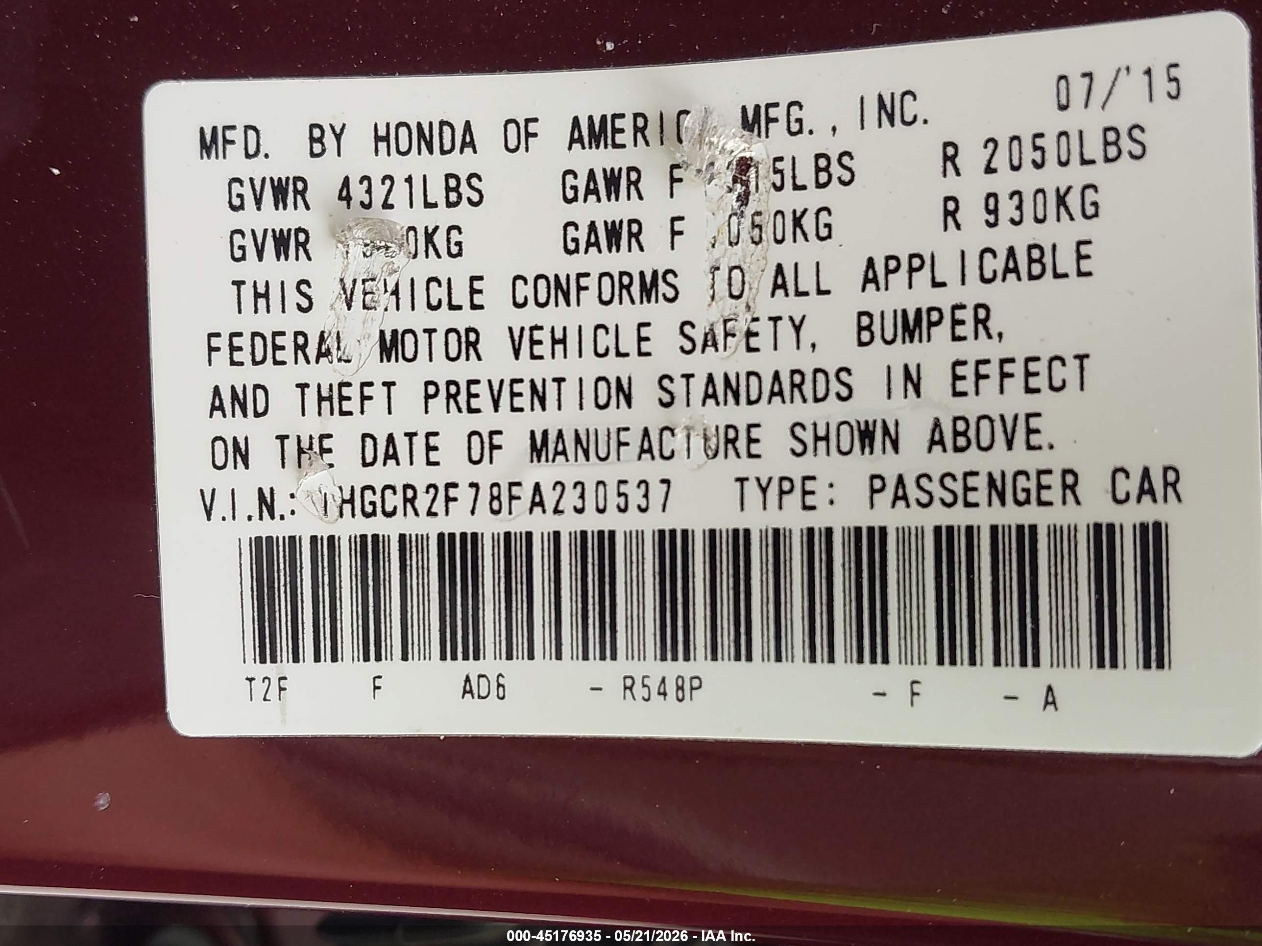 2015 Honda Accord Ex Burgundy vin: 1HGCR2F78FA230537