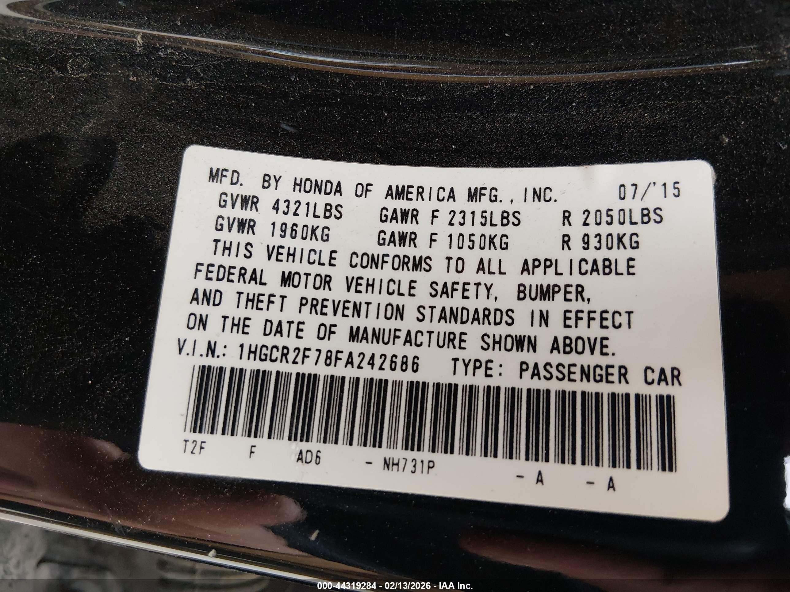 2015 Honda Accord Ex Черный vin: 1HGCR2F78FA242686