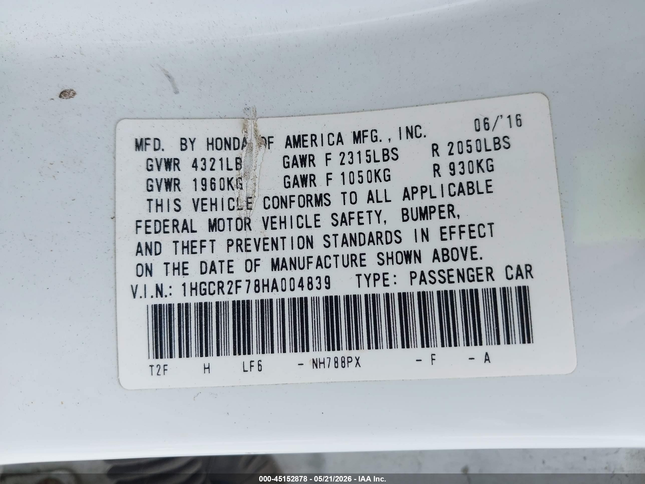 2017 Honda Accord Ex White vin: 1HGCR2F78HA004839