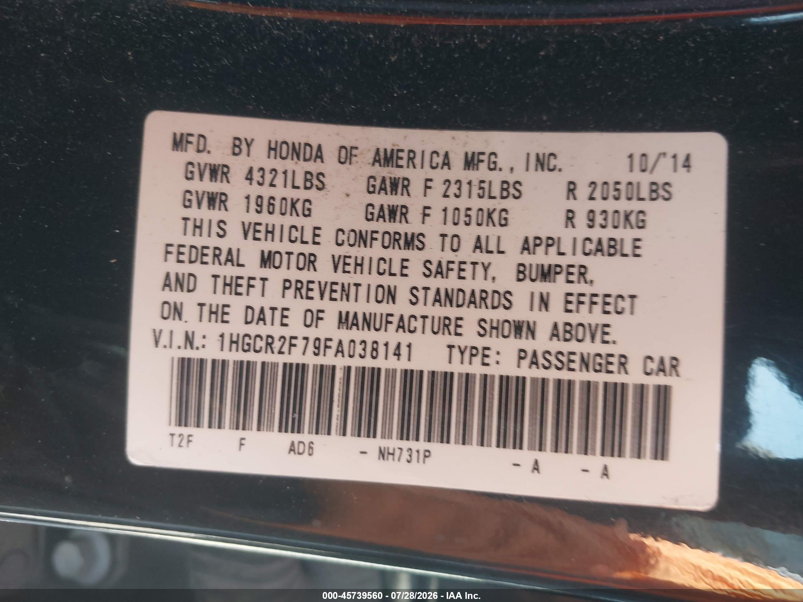2015 Honda Accord Ex Black vin: 1HGCR2F79FA038141