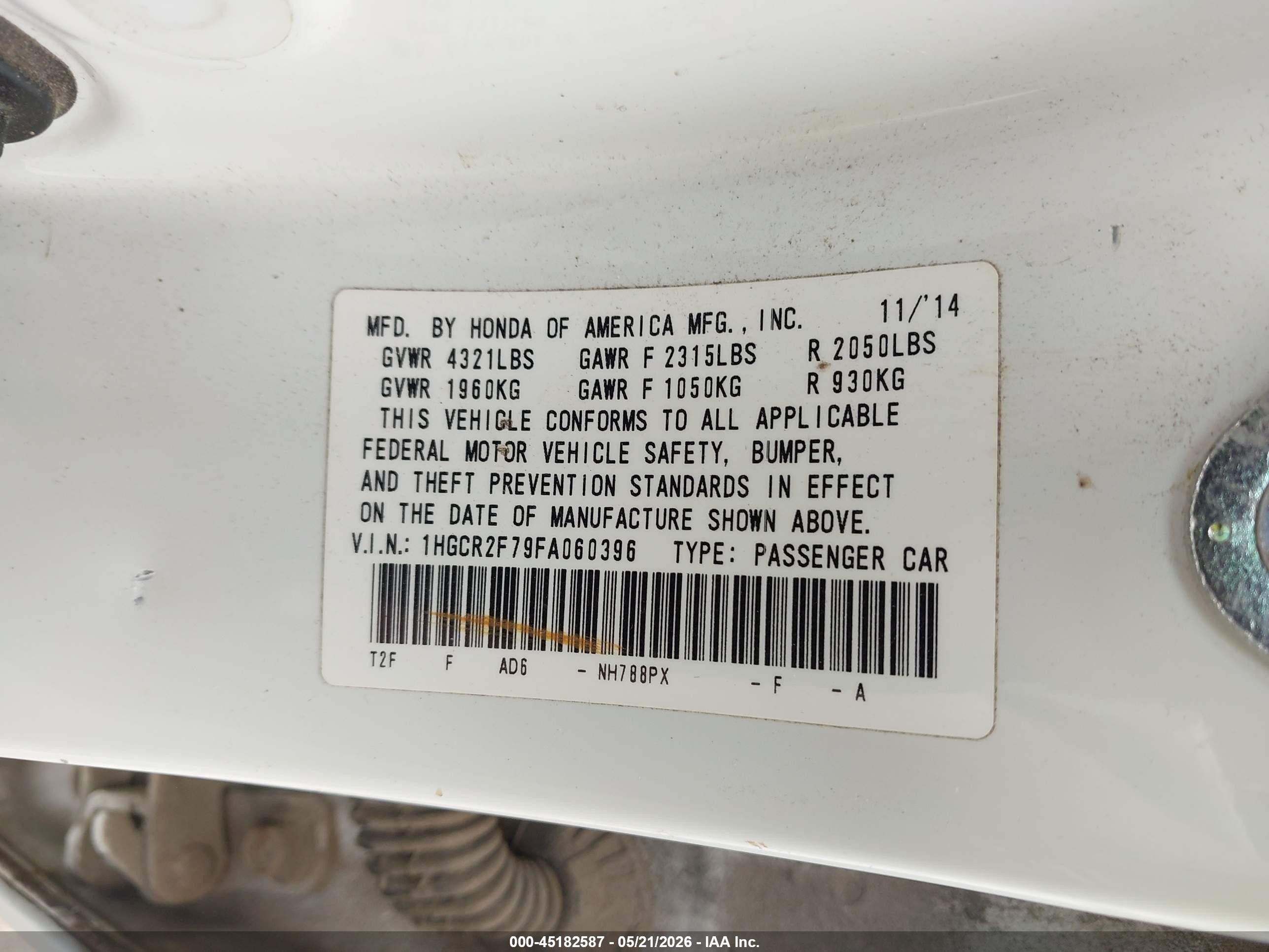 2015 Honda Accord Ex White vin: 1HGCR2F79FA060396