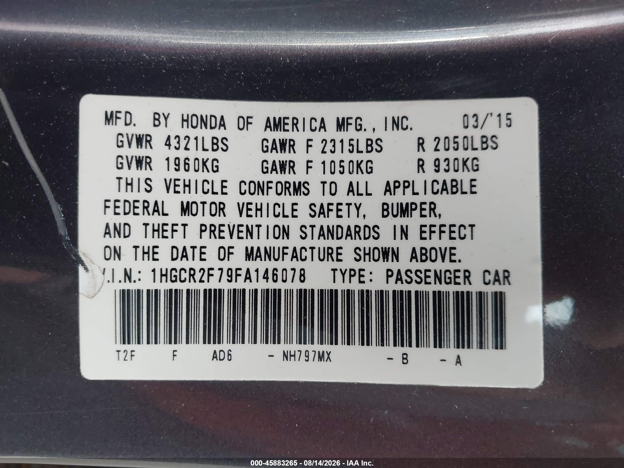 2015 Honda Accord Ex Gray vin: 1HGCR2F79FA146078