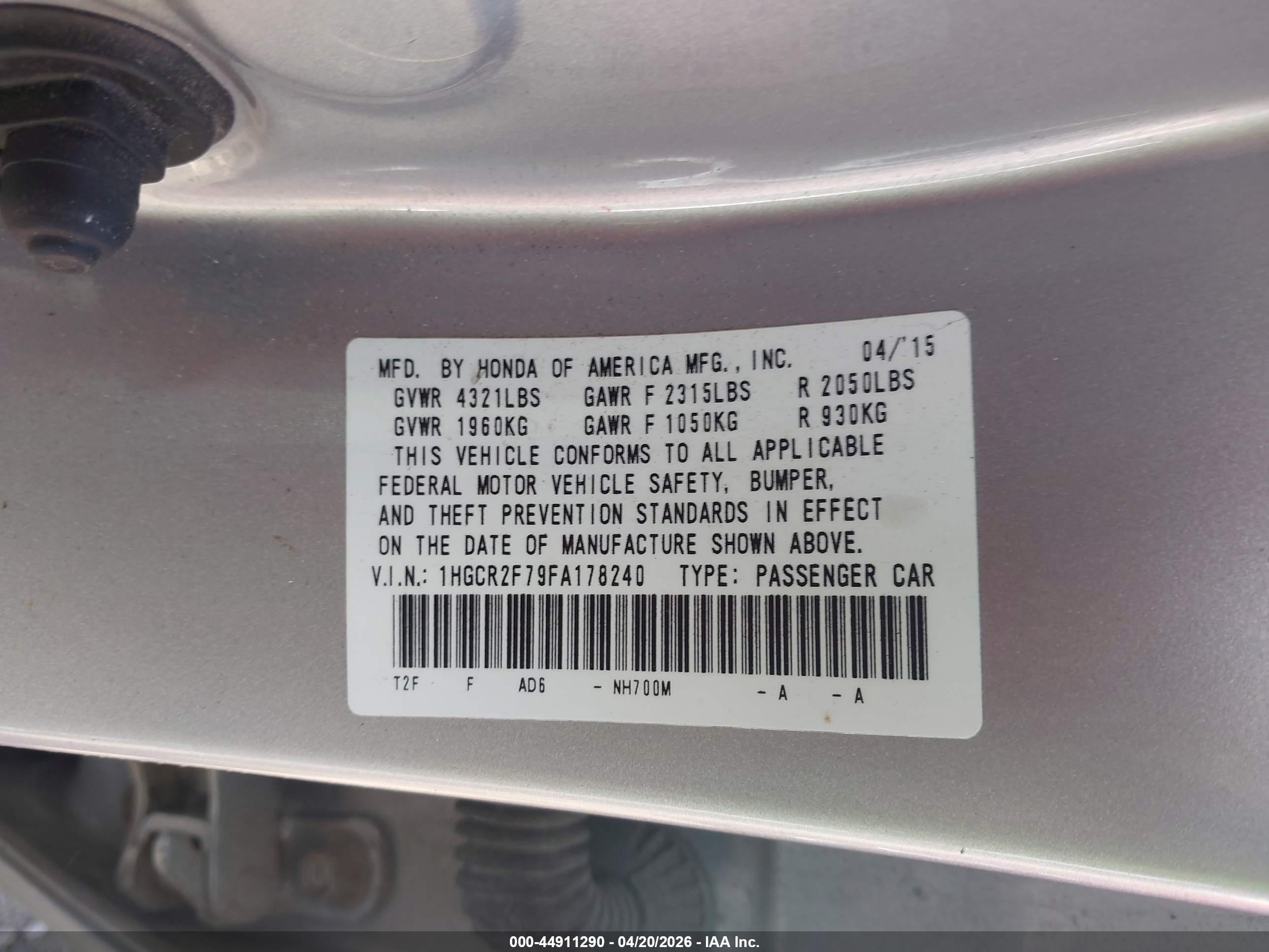 2015 Honda Accord Ex Silver vin: 1HGCR2F79FA178240