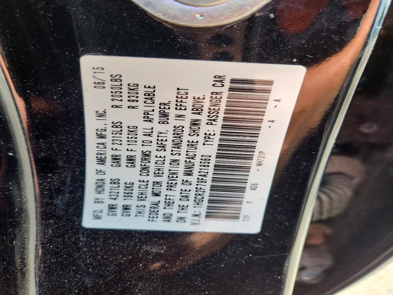 2015 Honda Accord Ex Черный vin: 1HGCR2F79FA218560