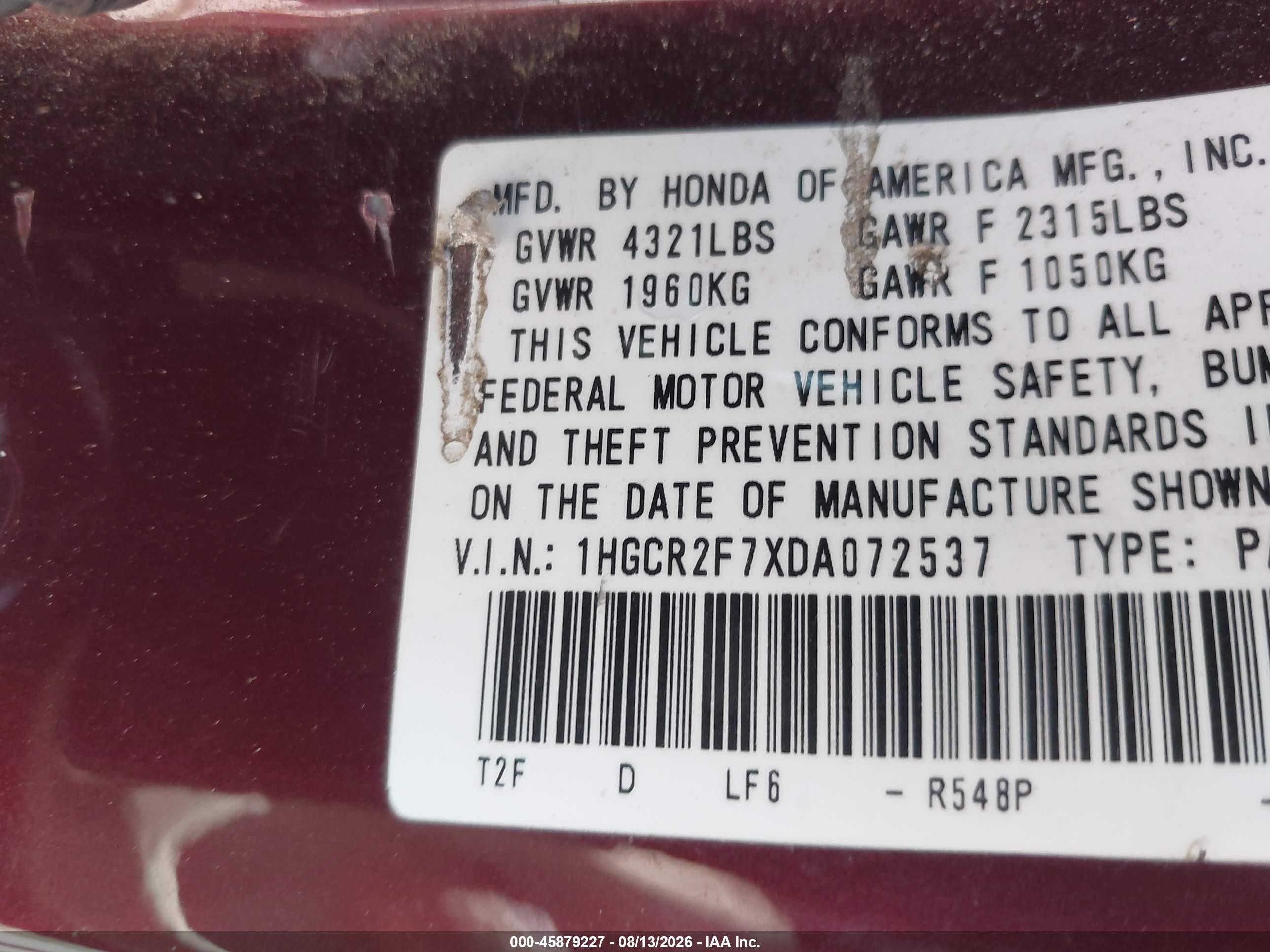 2013 Honda Accord Ex Maroon vin: 1HGCR2F7XDA072537