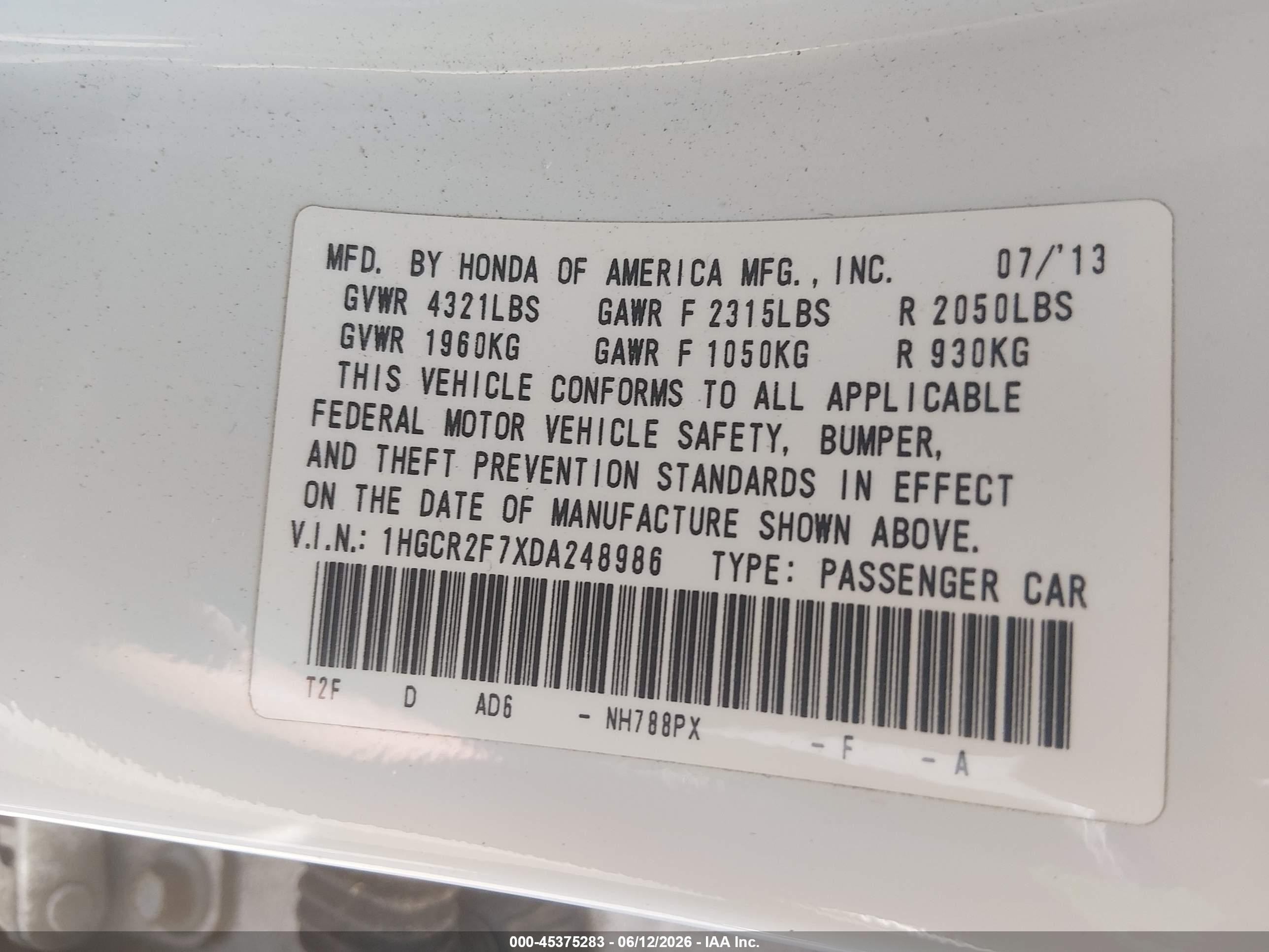 2013 Honda Accord Ex White vin: 1HGCR2F7XDA248986