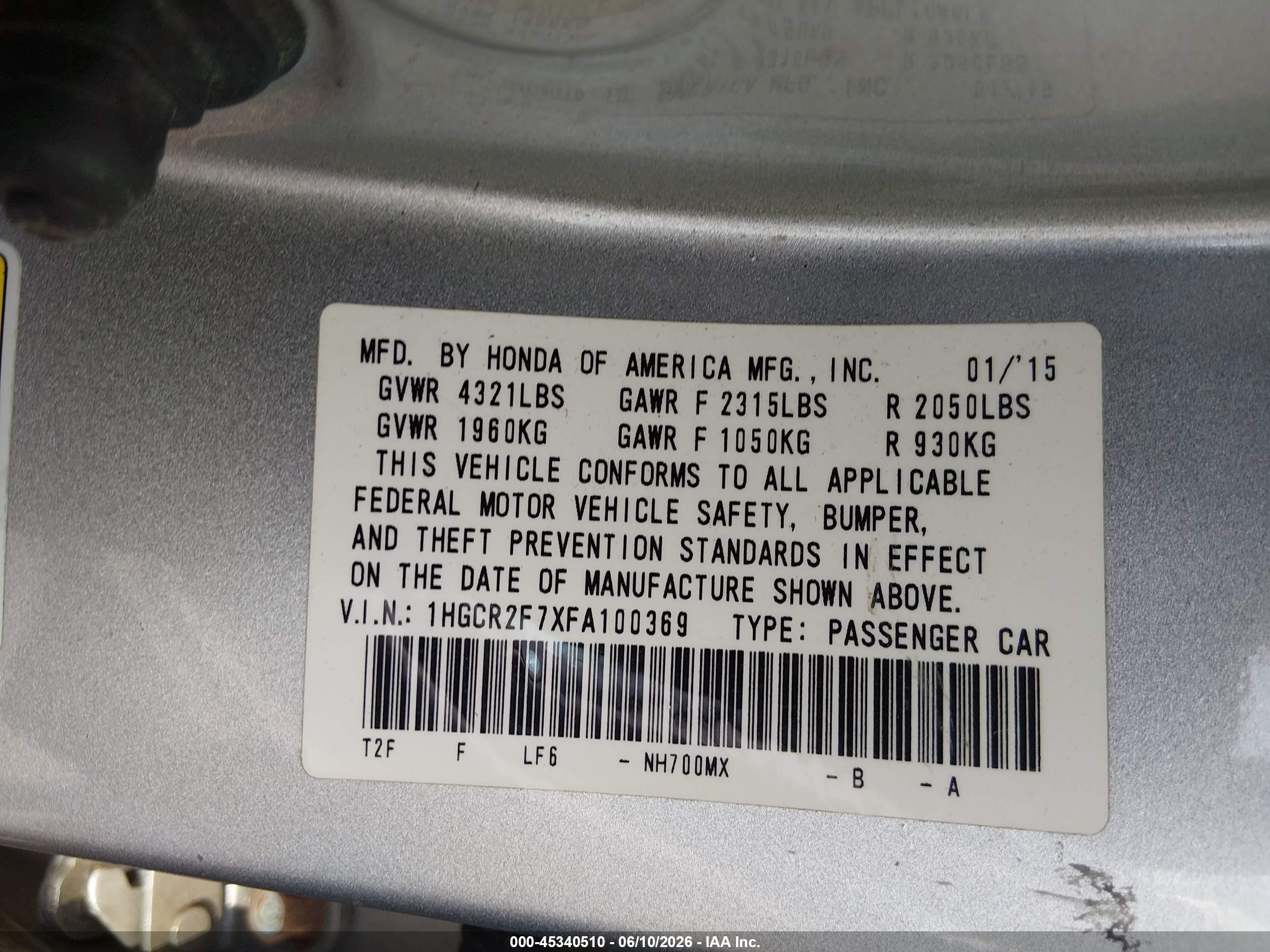2015 Honda Accord Ex Gray vin: 1HGCR2F7XFA100369